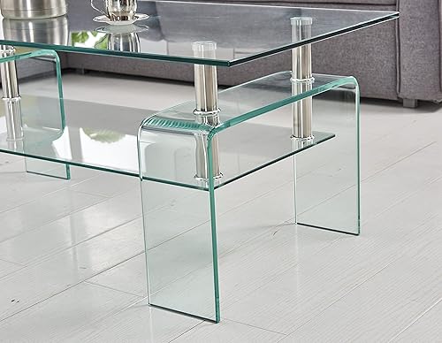 Miniatura 4 de Mesa de centro de vidrio templado mejorada con patas de cristal, moderna mesa de centro pequeña para sala de estar (39 x 22 x 19 pulgadas,