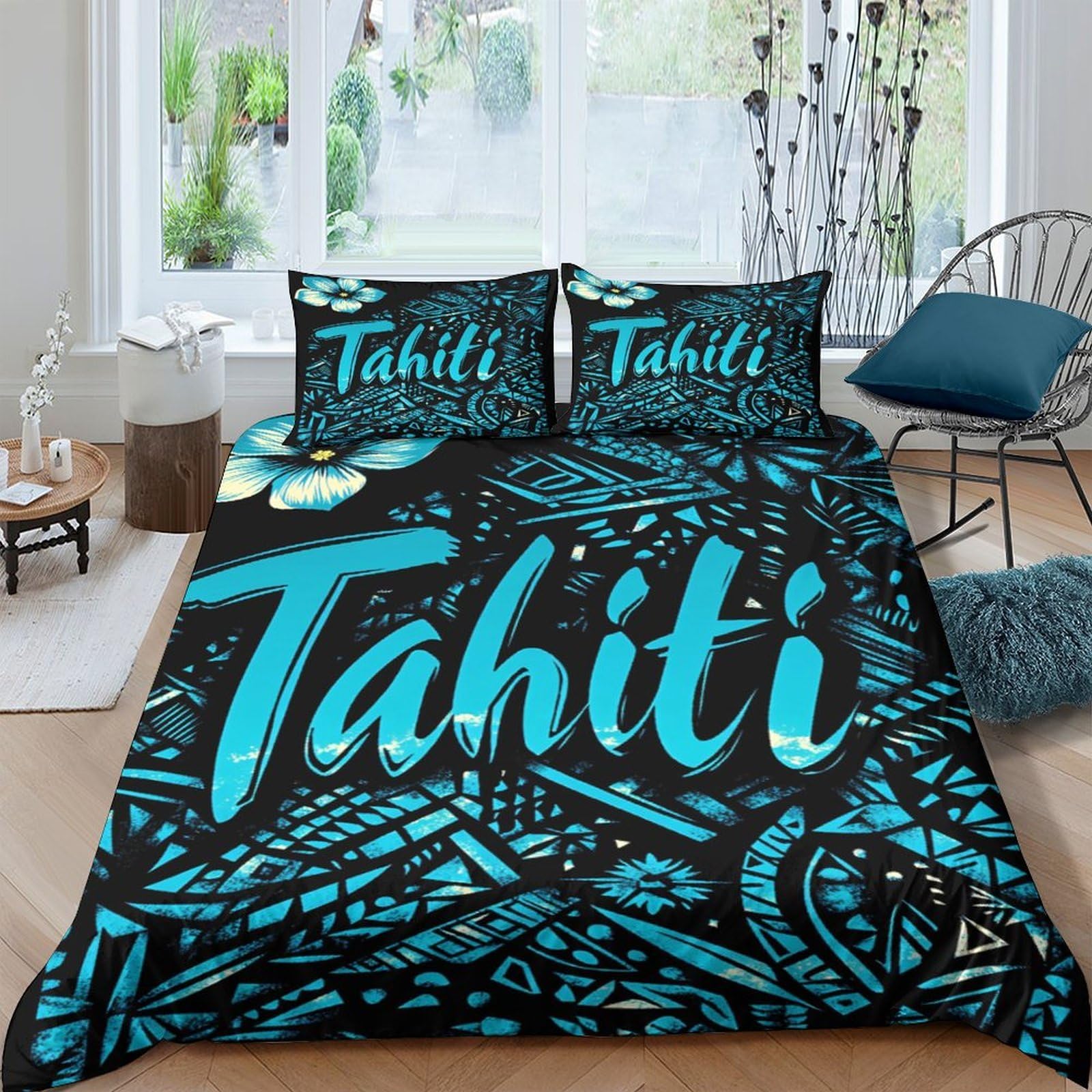 GPLZQXKJNH 3D Printed Tahiti Tribal Blue Duvet Cover Microfiber Soft Breathable Butterfly Pattern Bedding Set with 2 Pillowcases for Bedroom Decor Single（135x200cm）