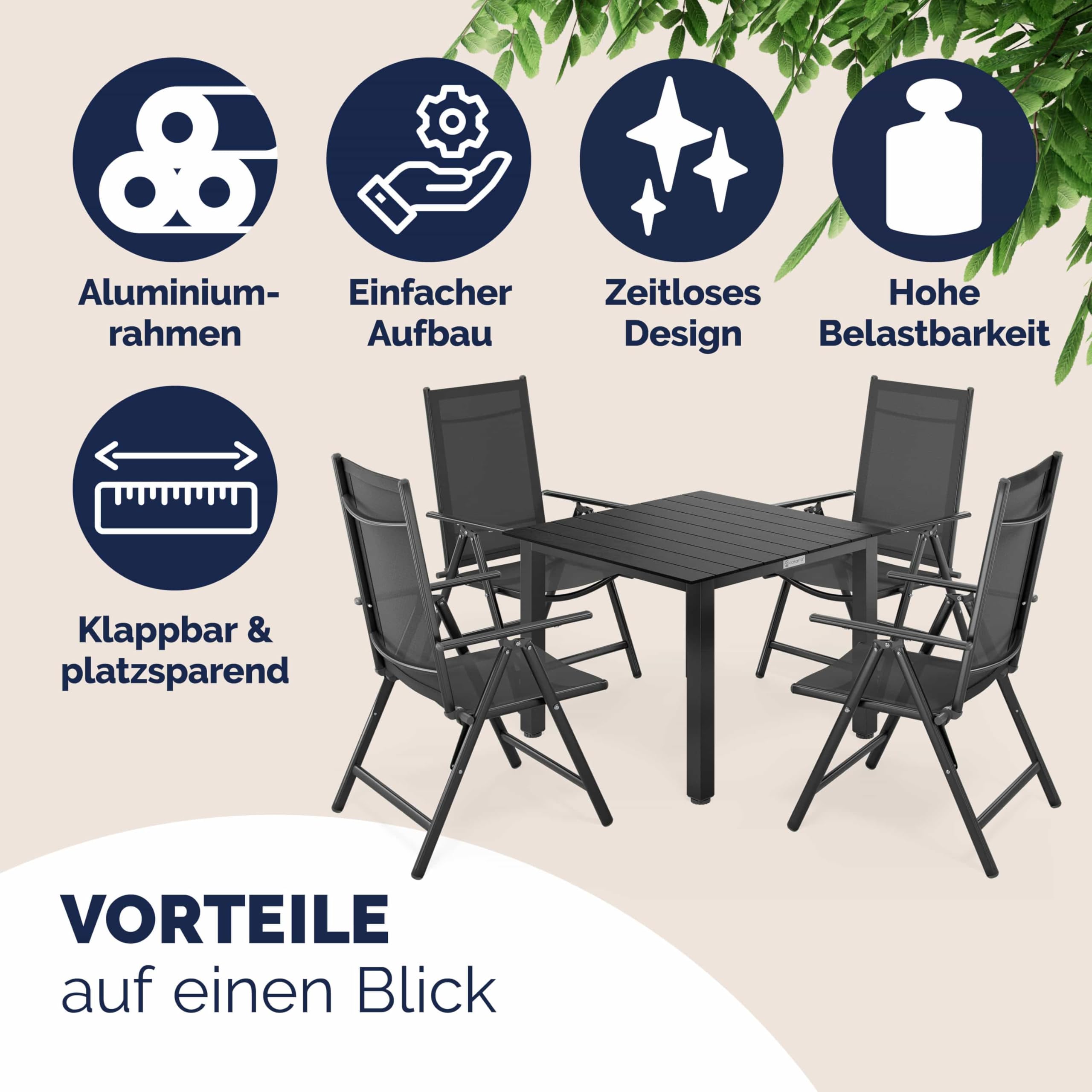 Casaria® Gartenmöbel Set 4 Stühle mit WPC Tisch 80x80cm Aluminium Sicherheitsglas Wetterfest Klappbar Modern Terrasse Balkon Möbel Sitzgruppe Garnitur Bern