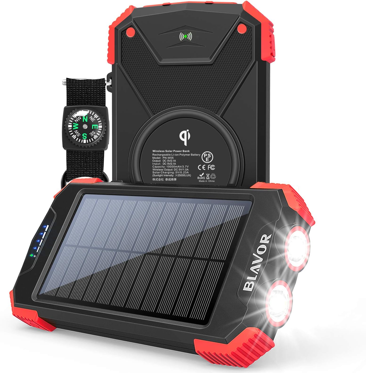 Solar Power Bank, Qi Portable Charger 10,000mAh External Battery Pack Type C Input Port Dual Flashlight, Compass Splashproof, Dustproof, Shockproof, Solar Panel Charging