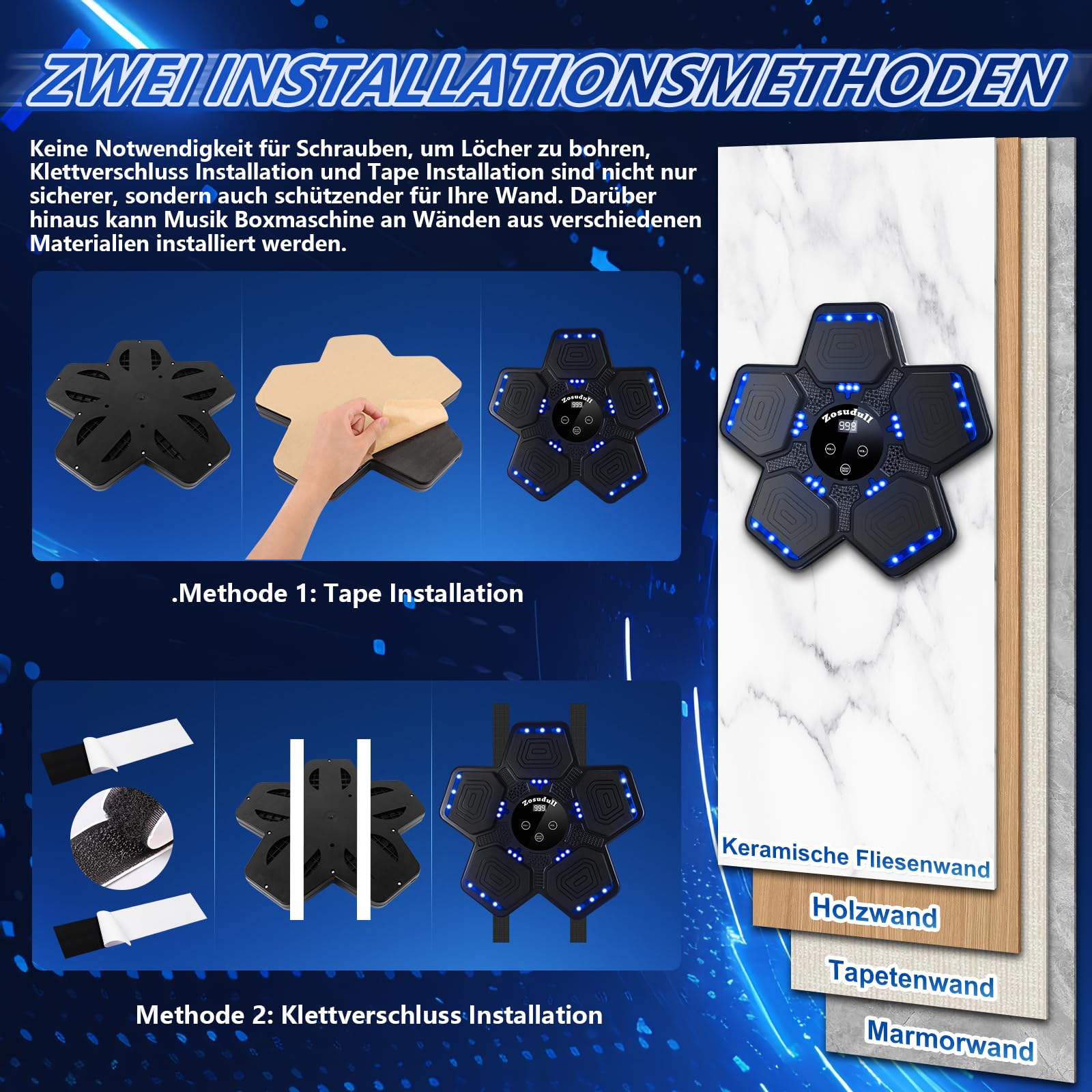 Music Boxing Machine, Intelligente Musik Boxmaschine mit LED-Licht,Bluetooth Boxgerät für Kinder/Erwachsene,Wandmontiertes Boxziel mit Boxhandschuhen,Geschwindigkeitseinstellung,Zählmodus