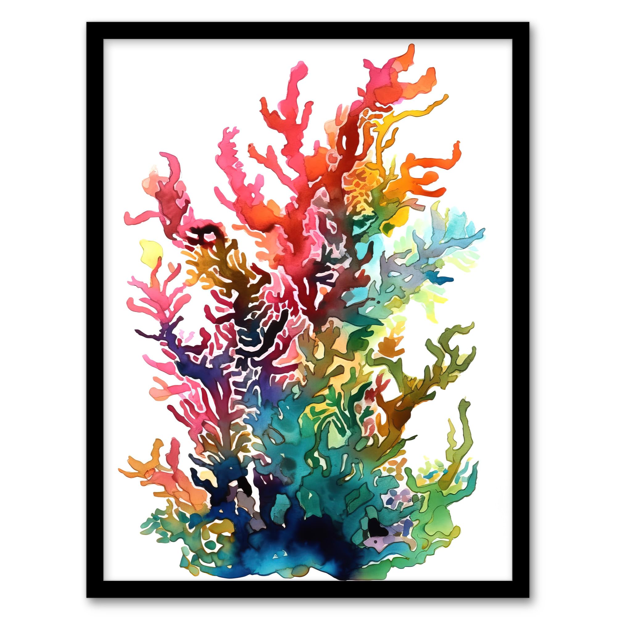 Wee Blue Coo Seaweed and Corals Vibrant Watercolour Artwork Rainbow Aquatic Plant Artwork Framed Wall Art Print A4