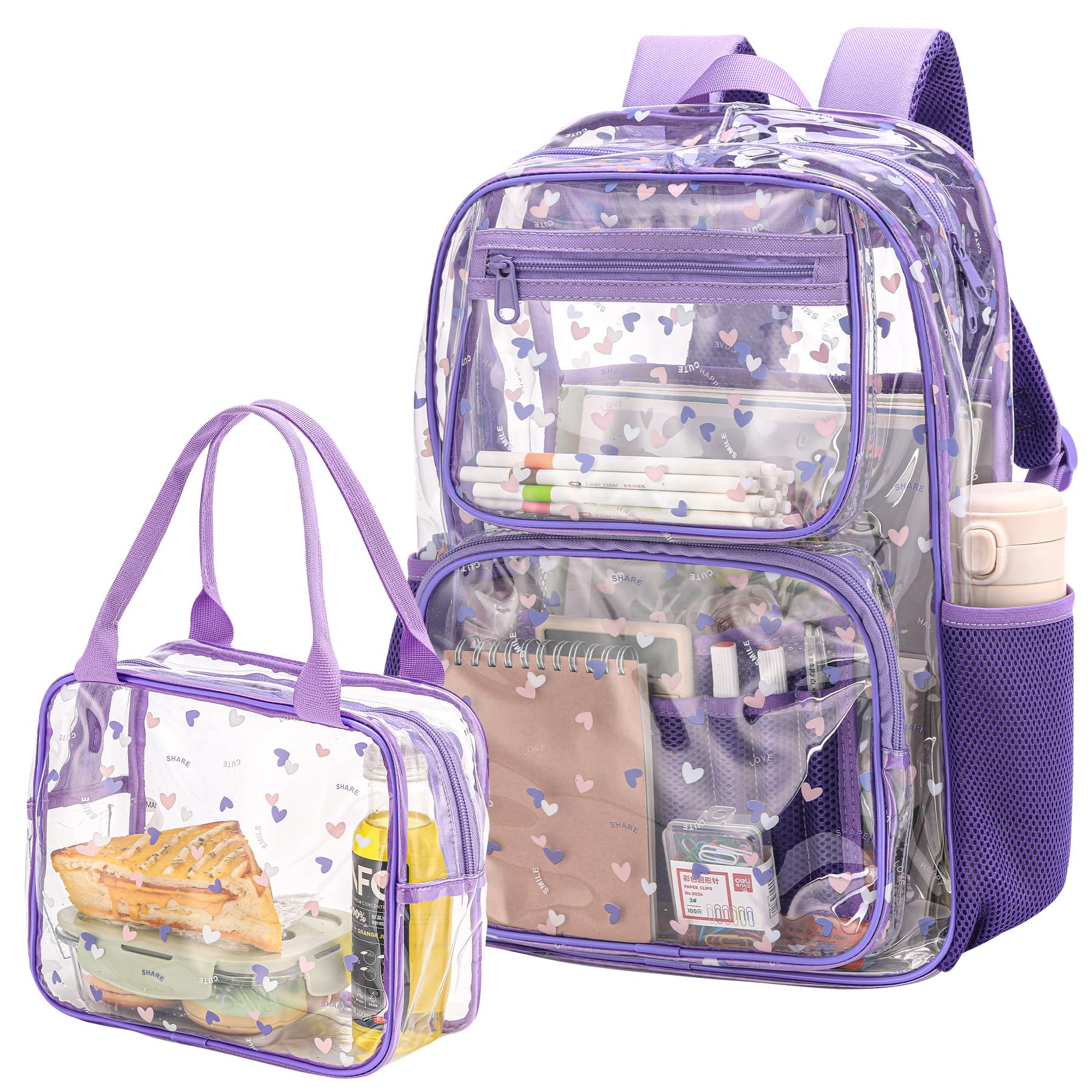 Heavy Duty Clear Backpack Lunch Bag Box Set for 8-Year-Olds - Practical and Stylish School Essentials(clear backpack & clear tote lunch bag-purple)