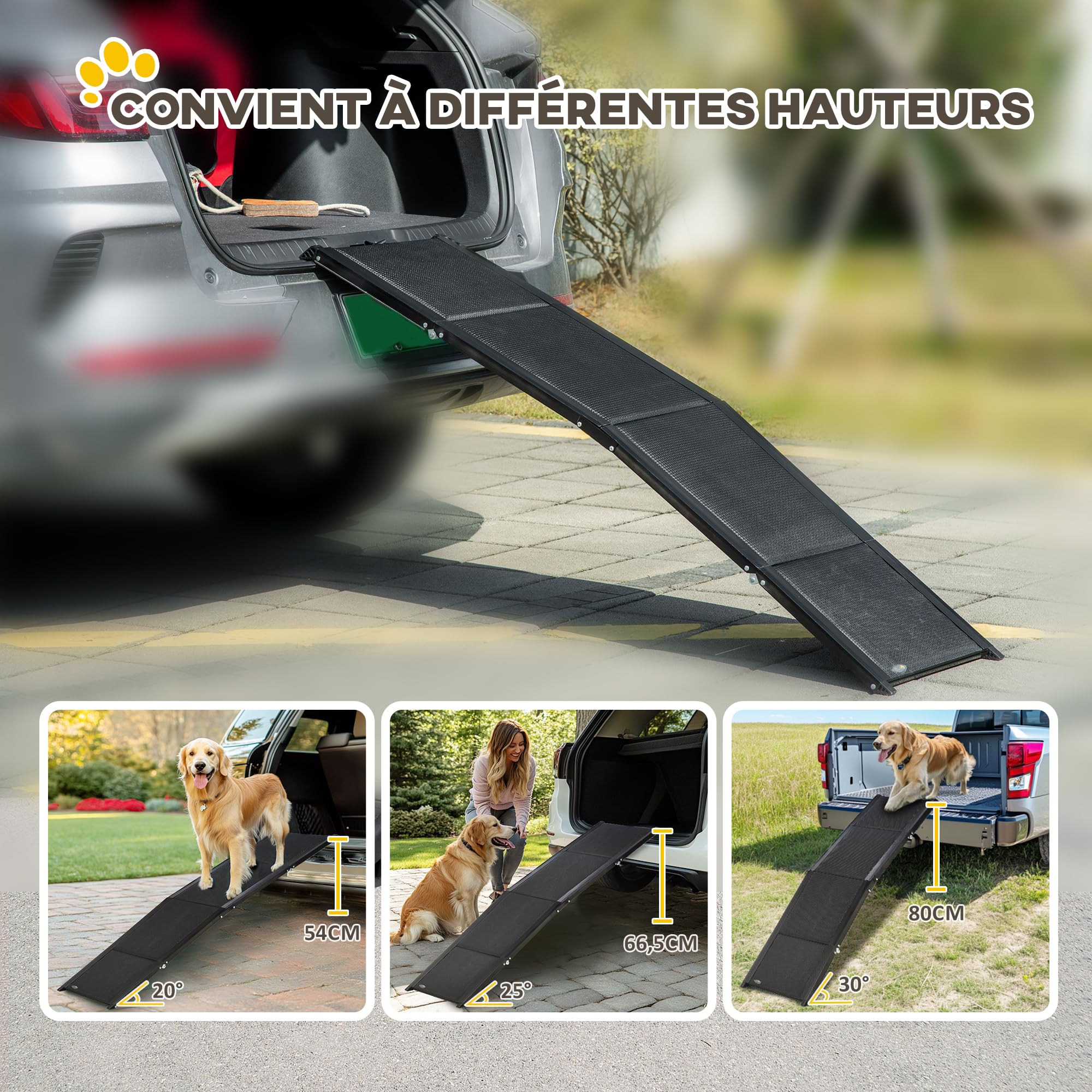 PawHut Rampe Pliable pour Chiens en Alliage d'aluminium, escalier pour Chien avec Surface antidérapante, Facile à Transporter - Rampe Voiture Chien pour Chiens de Grands Taille, 158x43,5x2,5cm, Noir