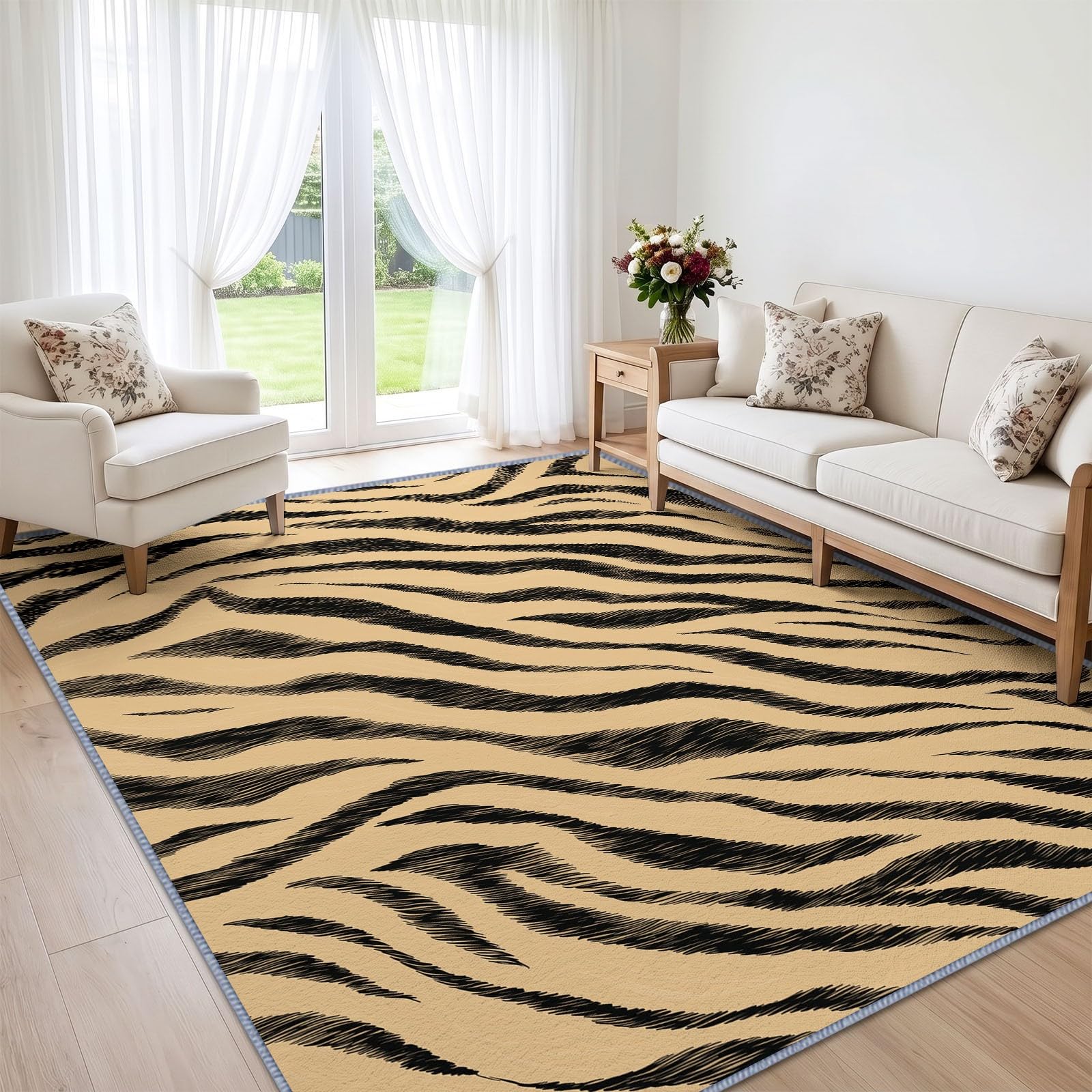 Tapis de Salon Lavable 160 x 230 cm Rayures Tigre Beige, Tapis Antidérapant à Poils Ras Imprimé Animal pour Cuisine Bureau Salle à Manger - Moquette Décoration Intérieure Chambre d'enfant