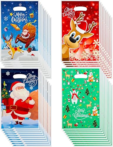 Outus Bolsas de plástico de Navidad, bolsas de dulces de Navidad, bolsas de recuerdos de fiesta, bolsas de árbol de Navidad con alce y muñeco de