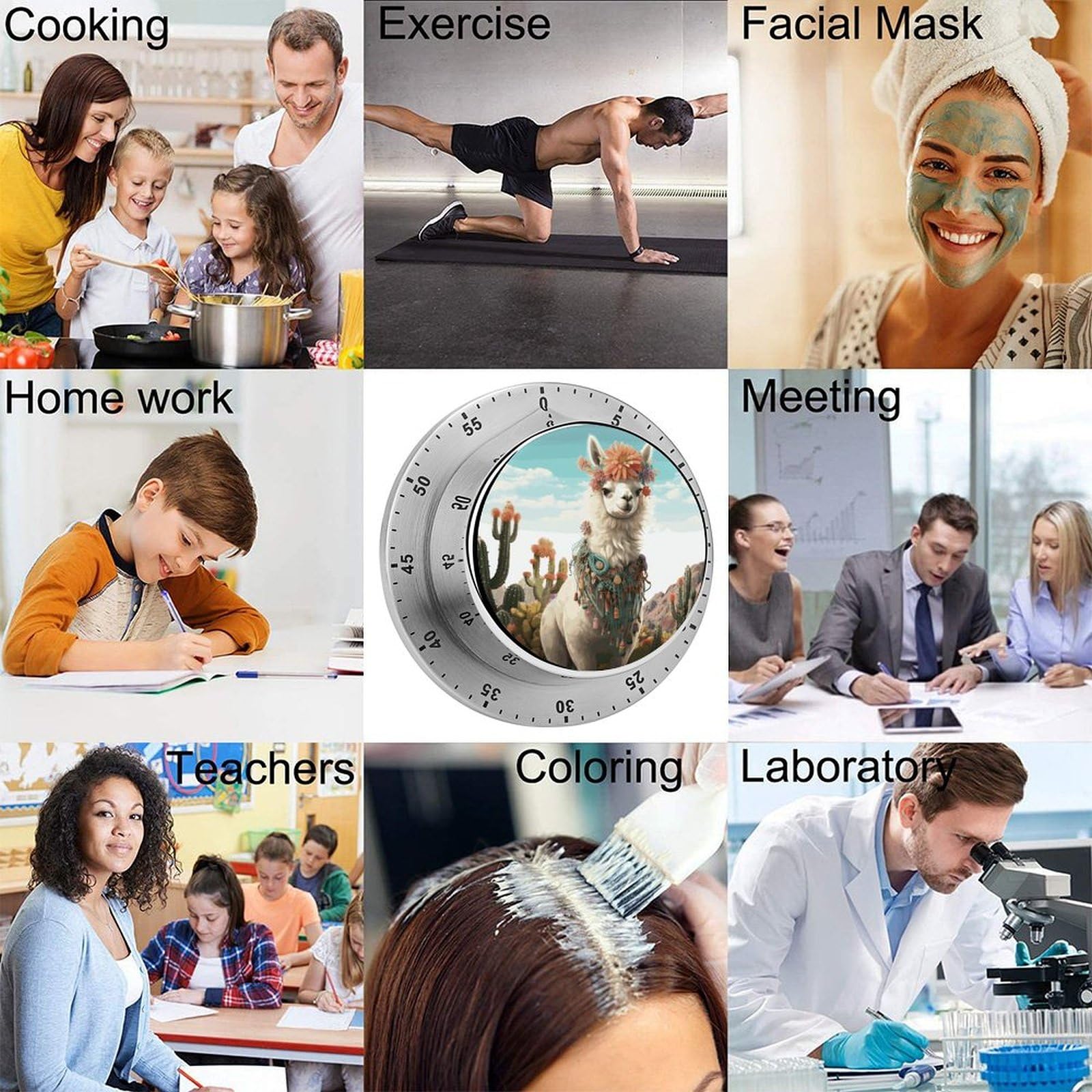 Mechanischer Edelstahl-Timer, Küchentimer, mexikanisches Lama, grün, bedruckt, Edelstahl, Countdown-Timer für Fitness-Projekte und Küchenaufgaben