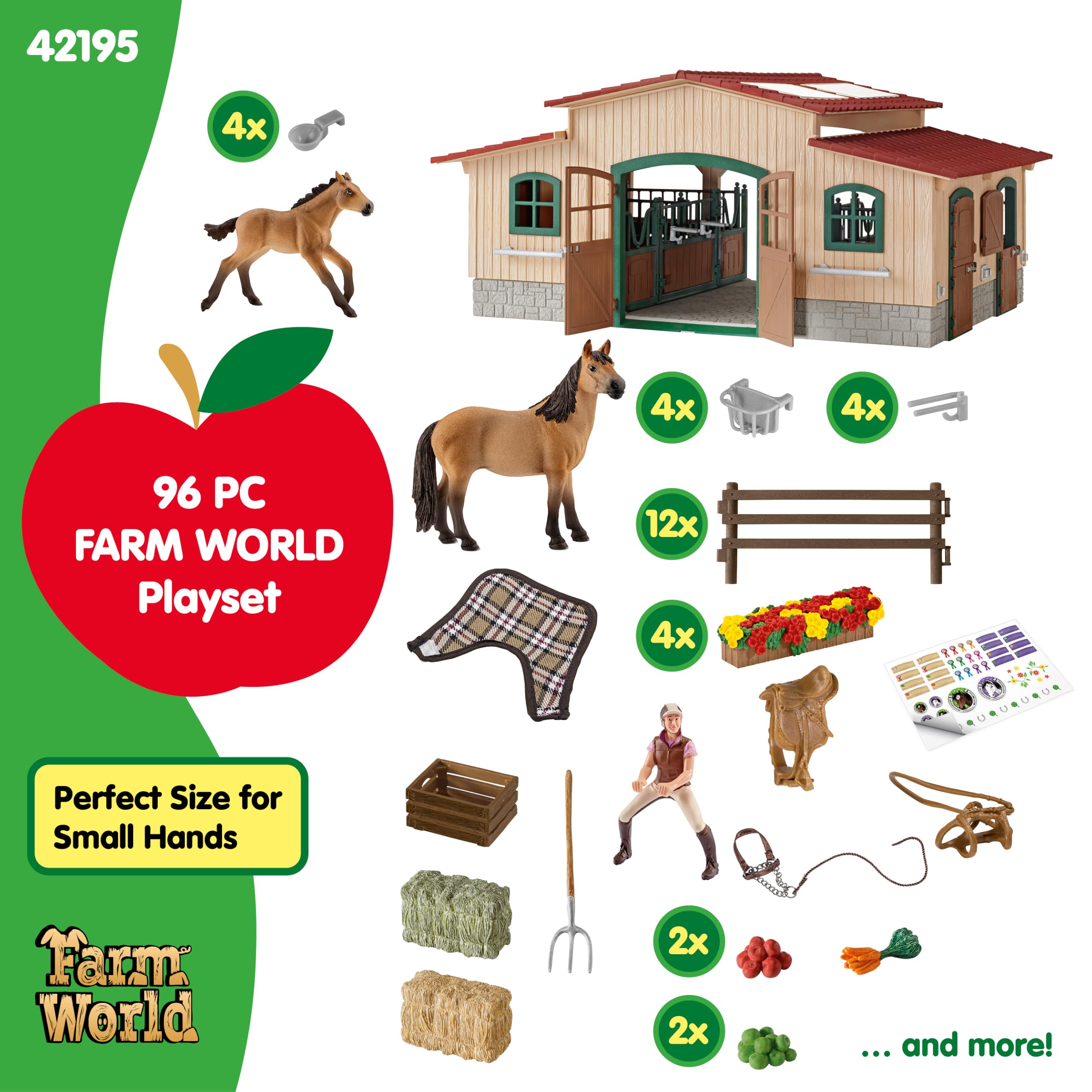 schleich FARM WORLD 42195 96-częściowy zestaw do zabawy dla koni, szczegółowy i wciągający zestaw do zabawy w gospodarstwie rolnym z 2 zabawkami konnymi, figurką jeźdźca i akcesoriami rolniczymi,