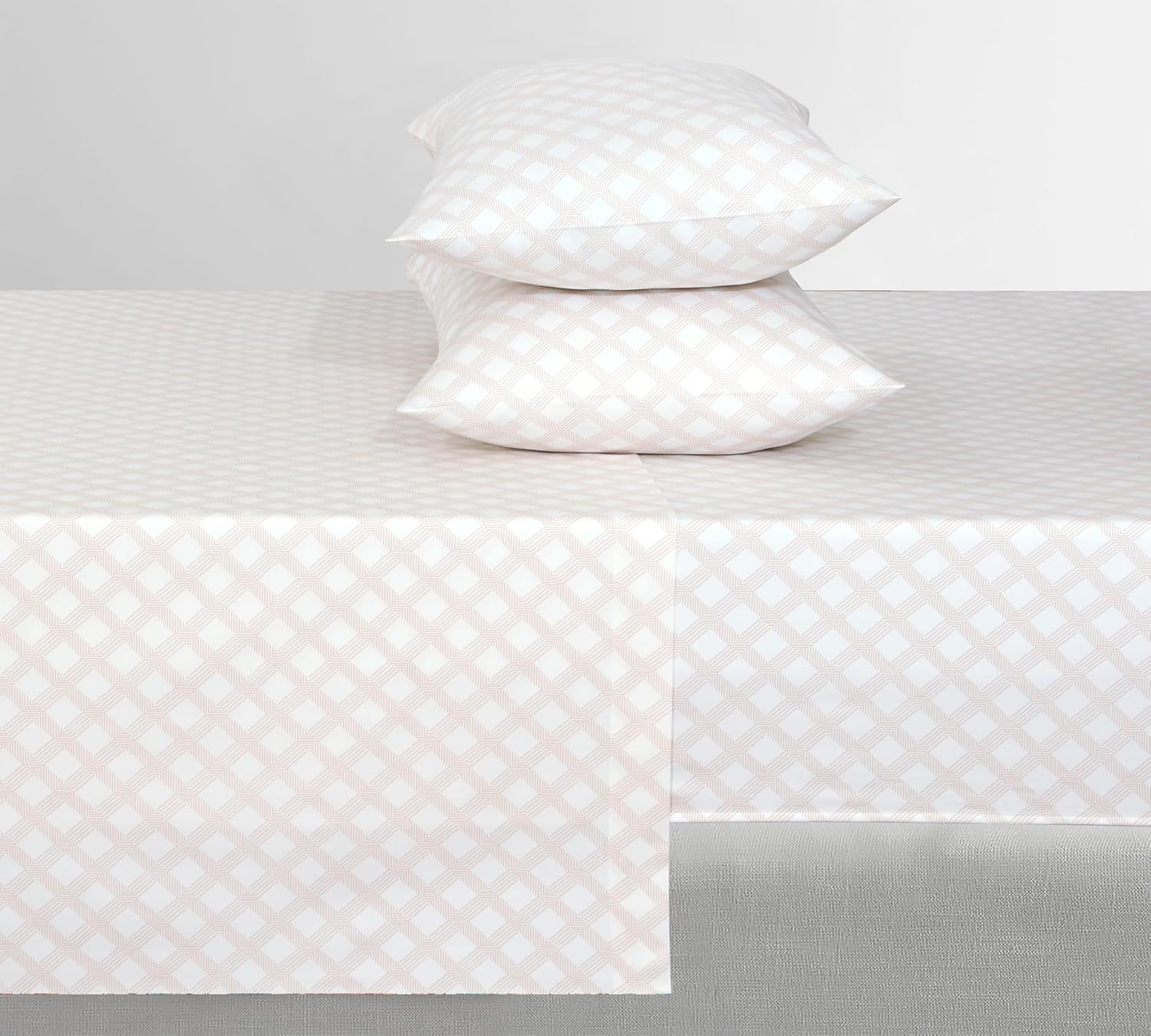 Feather & Stitch 300TC Queen Size 100% Cotton Sateen Weave Printed Sheet Set, Cooling & Breathable Bed Sheets Set, 4 Piece 16" Elastic Deep Pockets, Soft Hotel Quality- Queen, Geometric Beige