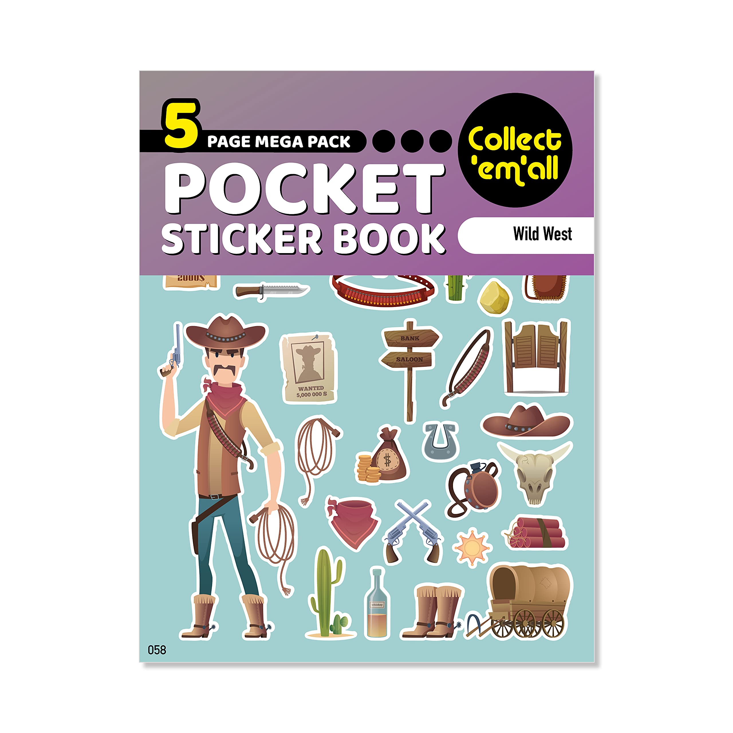 Pocket Sticker Book (5 Pages) - 64 MEGA Packs to Collect Coloured Stickers for Kids - Wild West