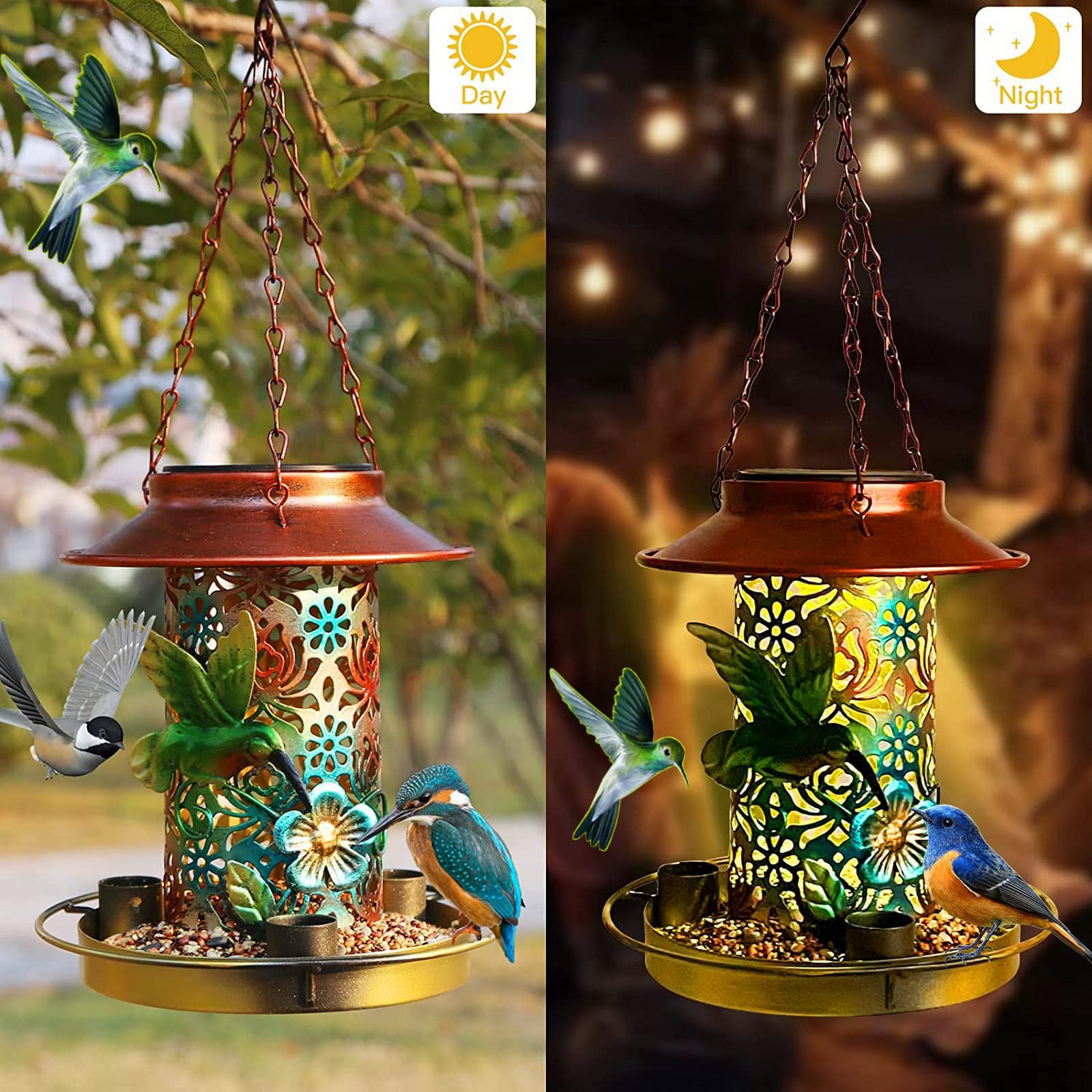 Mangiatoia solare per uccelli per esterni, in metallo resistente, da appendere, con luce per giardino, cortile, esterno, regalo decorativo a forma di lanterna unica