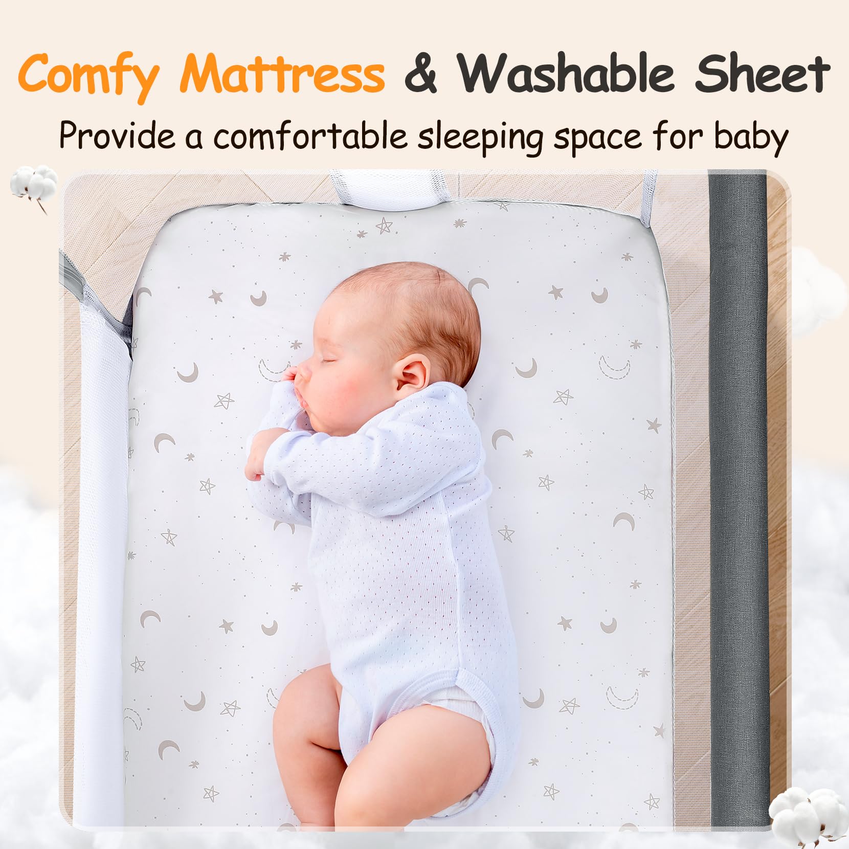 Culla Fianco Letto per Neonati, Lettino Co-Sleeper Regolabile in 7 Altezze con Ruote, Materasso e Cesto Portaoggetti, Culla Portatile per Camera da Letto grigio scuro