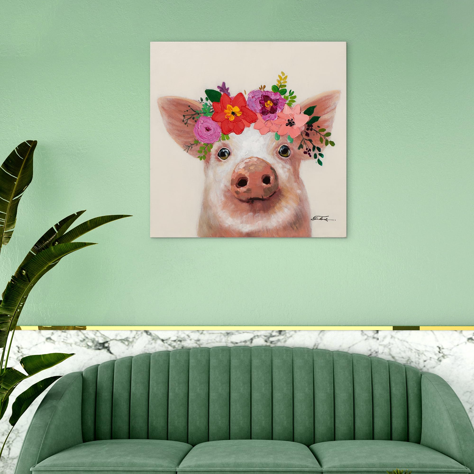 Art Universe Leinwandbild Schweinchen mit Blumen 50x50 cm Handgemaltes Acrylbild auf Echtholzrahmen Modernes Tierporträt