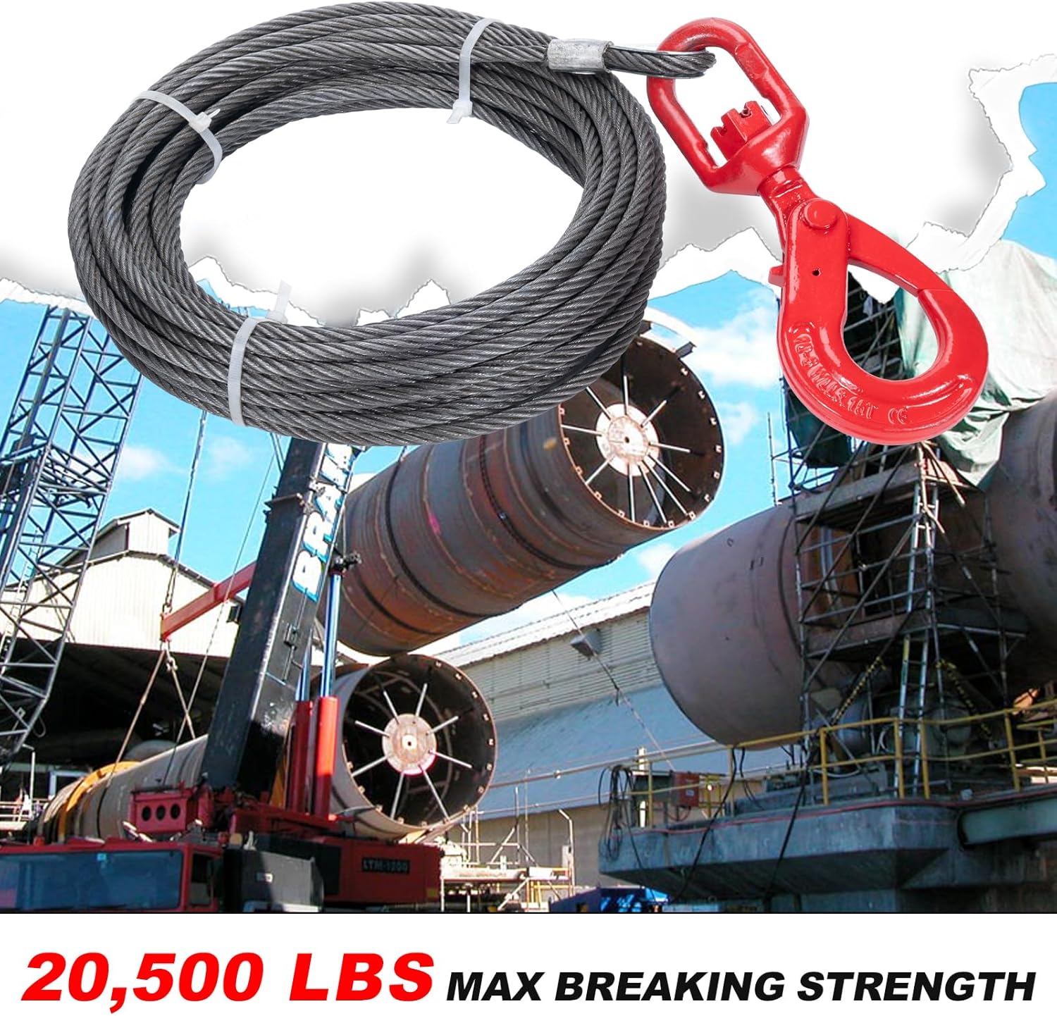 3/8" x 75' Winch Cable with Safty Hook, 6 x 37 Strand Construction, Steel Winch Rope Heavy Duty 20,500 Lbs Breaking Strength, Tow Cable Suitable for Most Trailers and Heavy Lifting