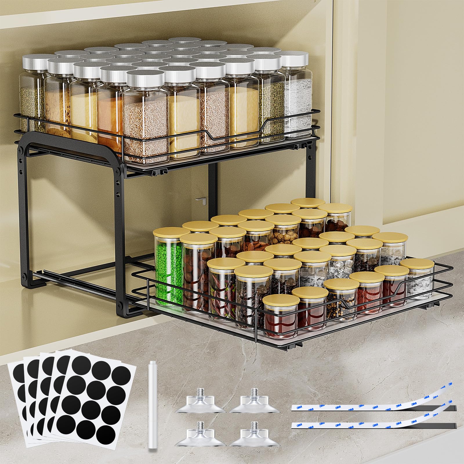 Étagère à épices extensible à 2 étages - Hauteur réglable - Étagère à épices debout - Extensible - Avec autocollant - Pour armoire, cuisine, plan de travail - L 26 x l 34,5 x H 23 cm