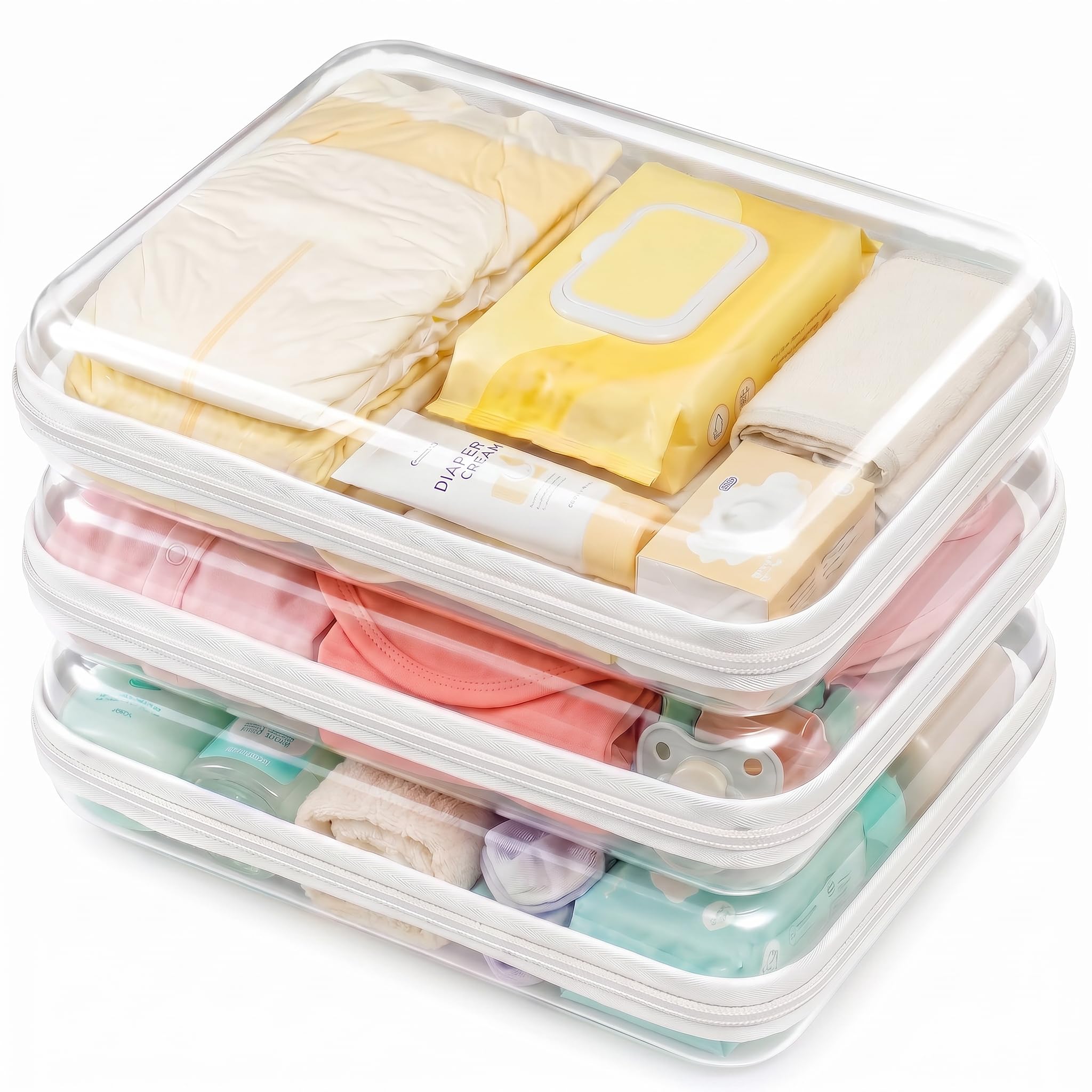 Photo 1 of 3 Pack Large Clear Hard Shell Zipper Case, Diaper Bag Organizer Pouches, Water-Resistant Travel Toiletry Bags for Baby Essentials, Toys, Cables, Crafts, Makeup, White