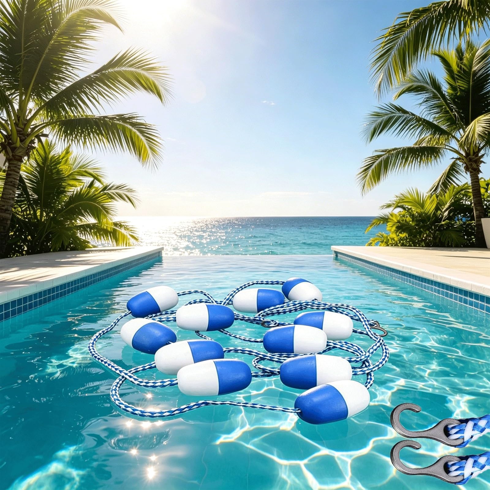 Pływające liny basenowe Swimming Pool Supply do podziału za pomocą boi i haków ze stali nierdzewnej, regulowana lina rozdzielająca do płytkich głębokich końców, 70 stóp/21,3 m