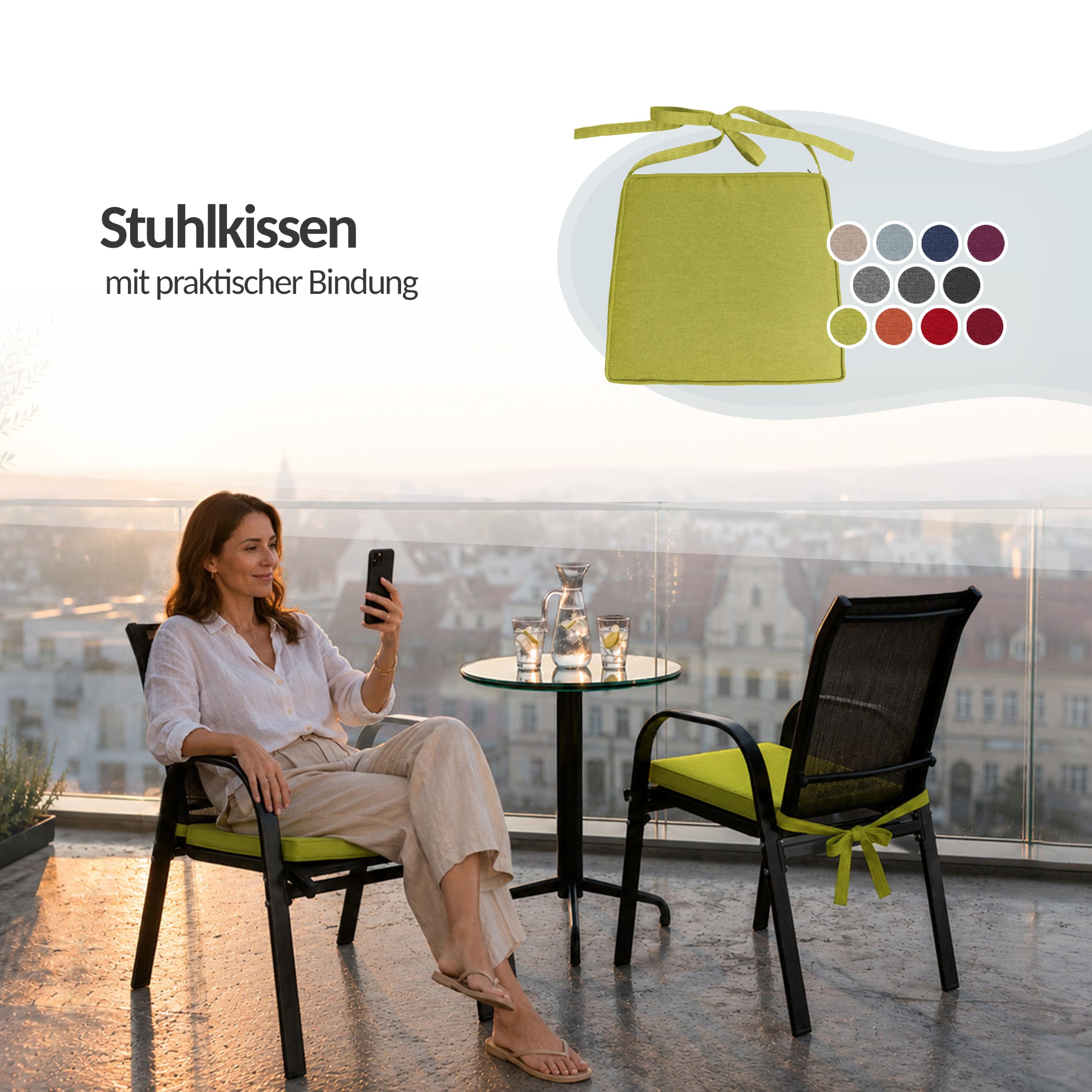 POKAR 4er Set Stuhlkissen mit Bindebändern 40x45x40 cm (5 cm Dicke) | Sitzkissen für Gartenstühle, Rattanstühle und Esszimmerstühle | Stuhlauflage Indoor & Outdoor | Oeko-TEX | Made in EU | Blau