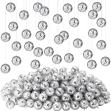 Hoolerry 200 Pcs Mini Disco Ball Ornaments 1.2 Inch Mirror,Silver | Reflective Mirror Balls for 70s 80s Party, Hanging Decor for Birthday Wedding, Shiny Ornaments Create Retro Disco Vibe