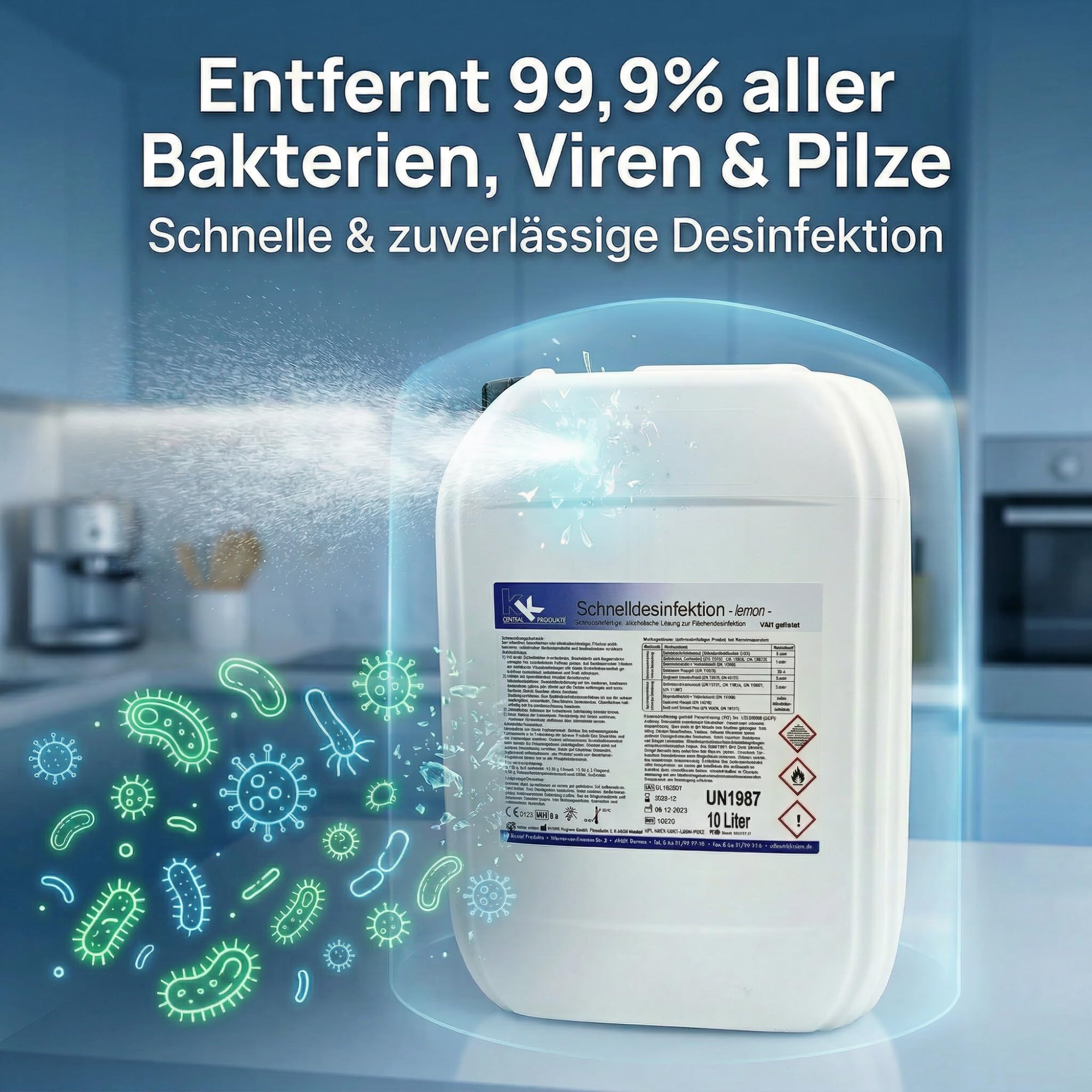 KK Schnelldesinfektion Duft Lemon – Hochwirksames Desinfektionsmittel 10 Liter für Flächen & Oberflächen – Wirksam gegen Bakterien, Viren & Pilze – Ideal für Haushalt, Praxis & Gewerbe