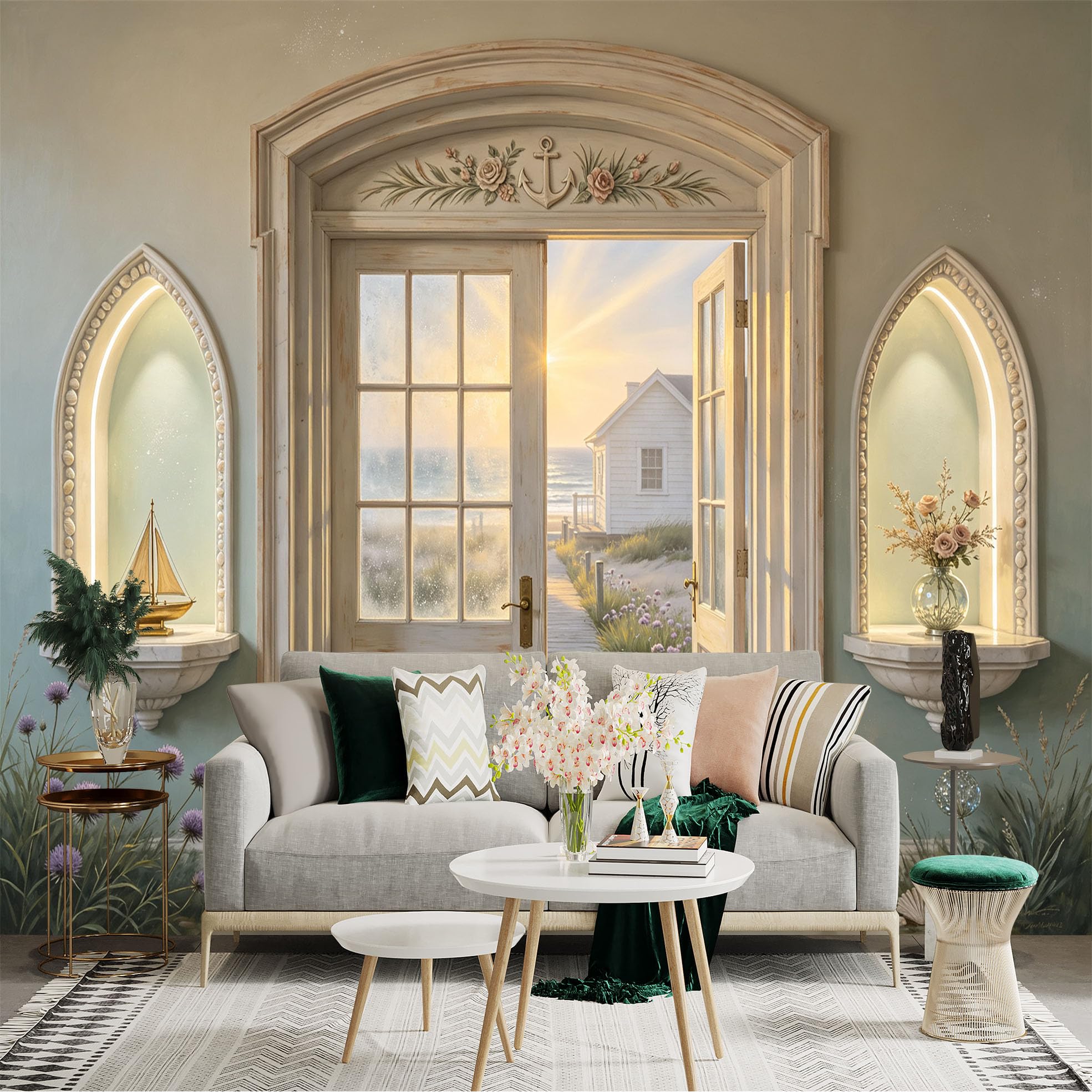 Custom Size Wall Sticker Mural， Coastal Cottage Sunrise， Wooden Doorway and Ocean Path， for wall Decoration， peelandstick wall Decals.