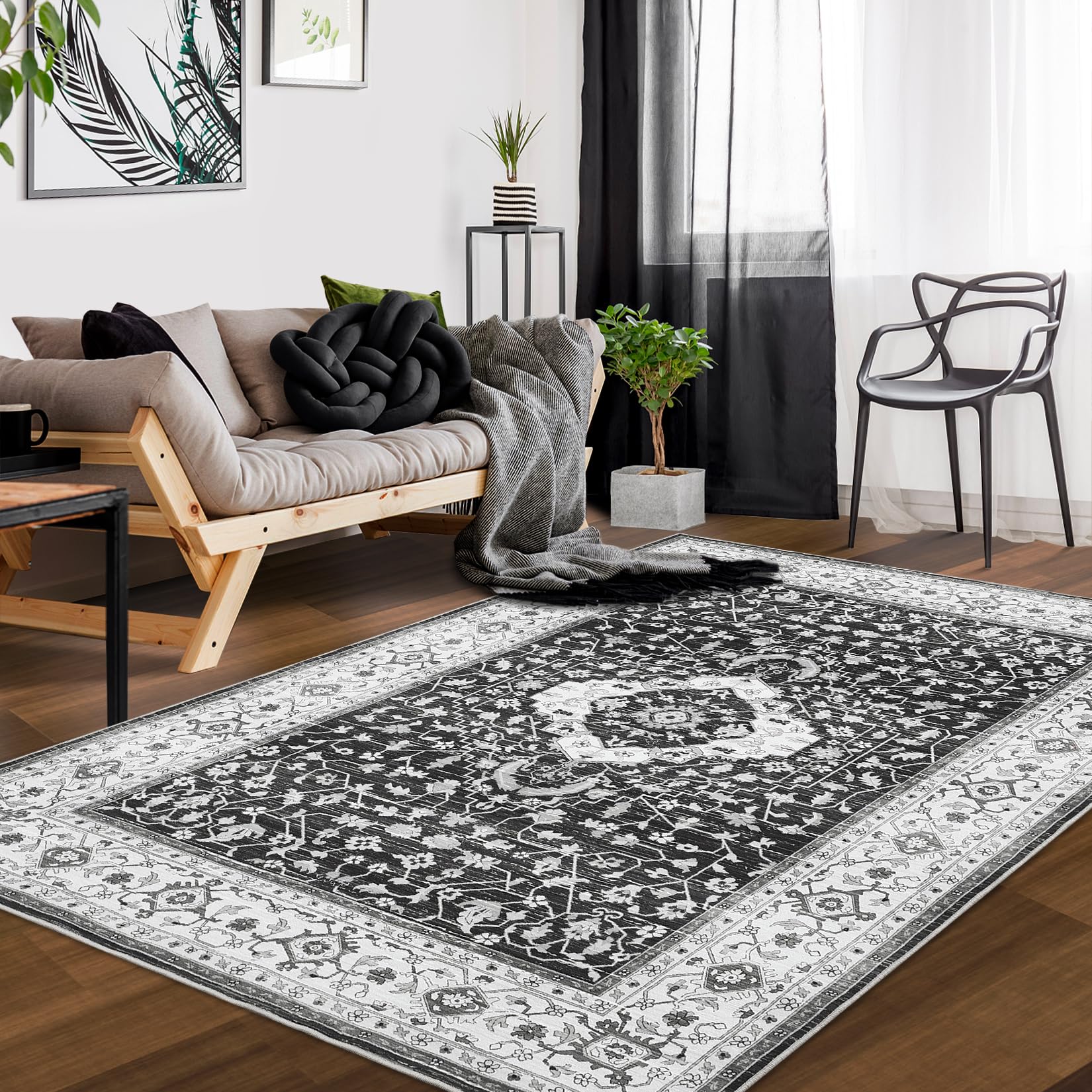 RUGSREAL Area Rug 8x10 Living Room Bedroom Area Rug Vintage Distressed Area Rug Traditional Accent Rug Boho Rug Washable Non-Slip Area Rug for Nursery Home Office, Black