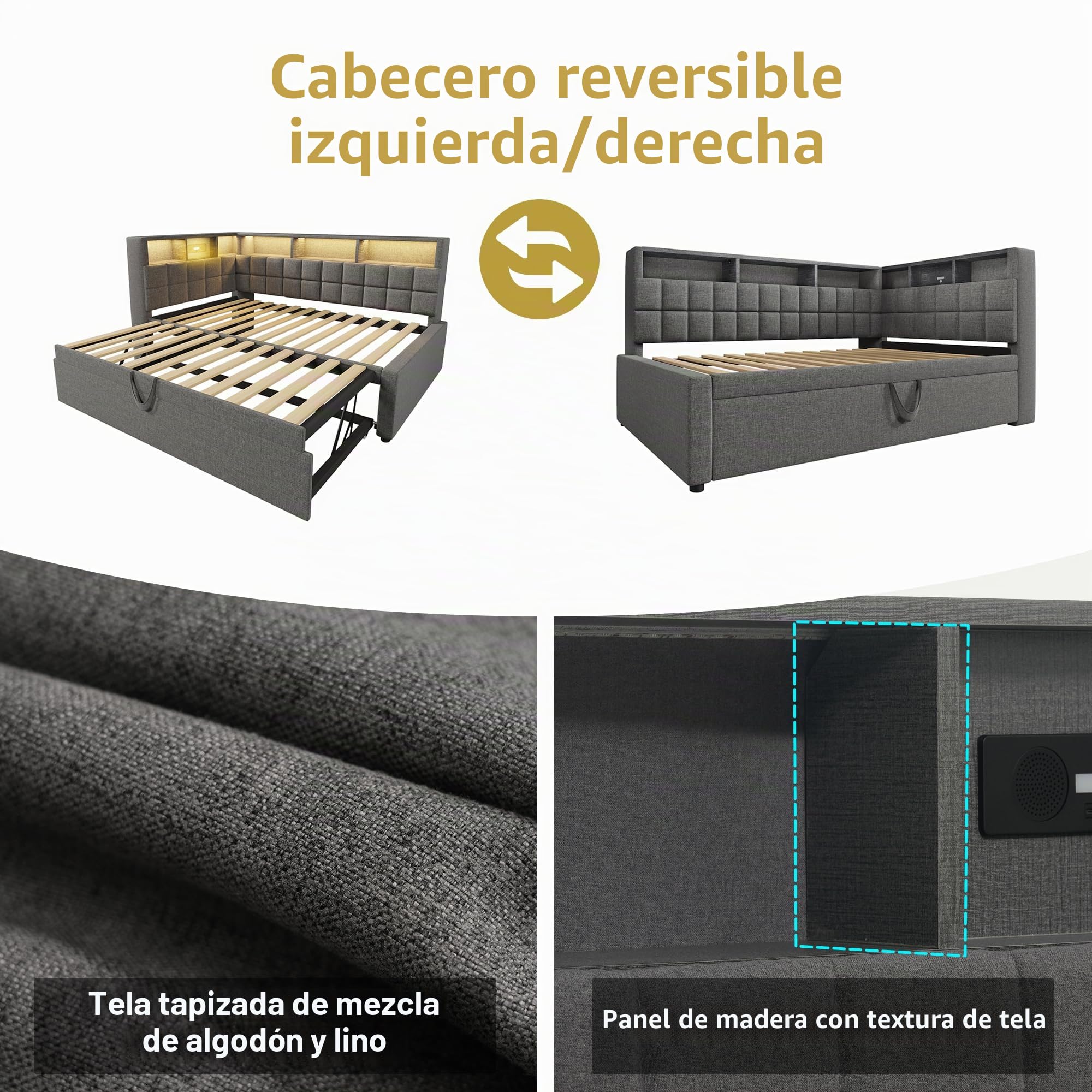 Cama tapizada de 90 x 200 cm, cama de día con cama nido, sofá cama con LED y puerto de carga USB y tipo C, altavoz Bluetooth, cabecero en L con estante de almacenamiento, lino, sin colchón (gris