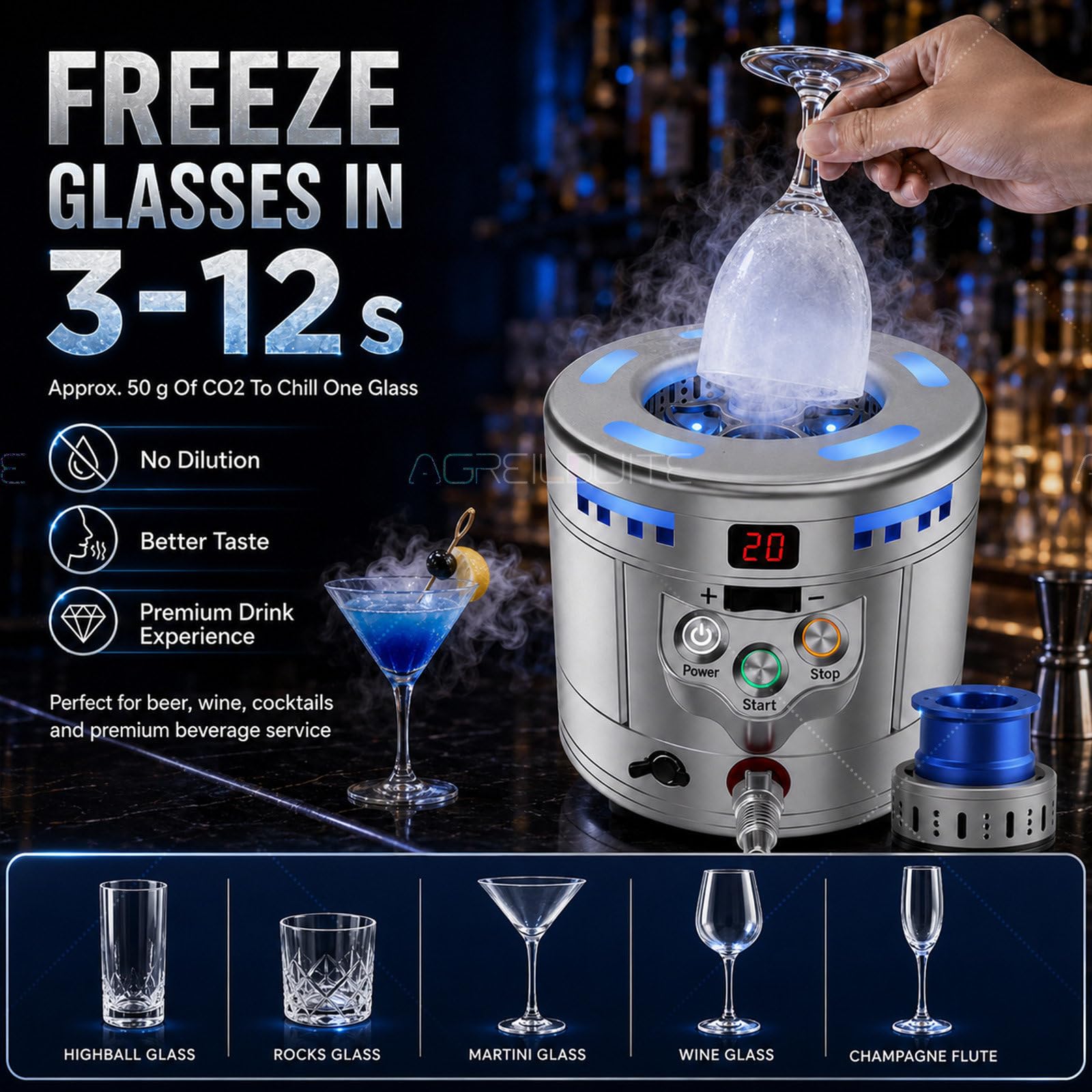 Enfriador de vidrio 2 en 1 de enfriamiento rápido y máquina de hielo seco, equipo profesional de bar para cócteles, cerveza, vino, exhibiciones de alimentos, eventos