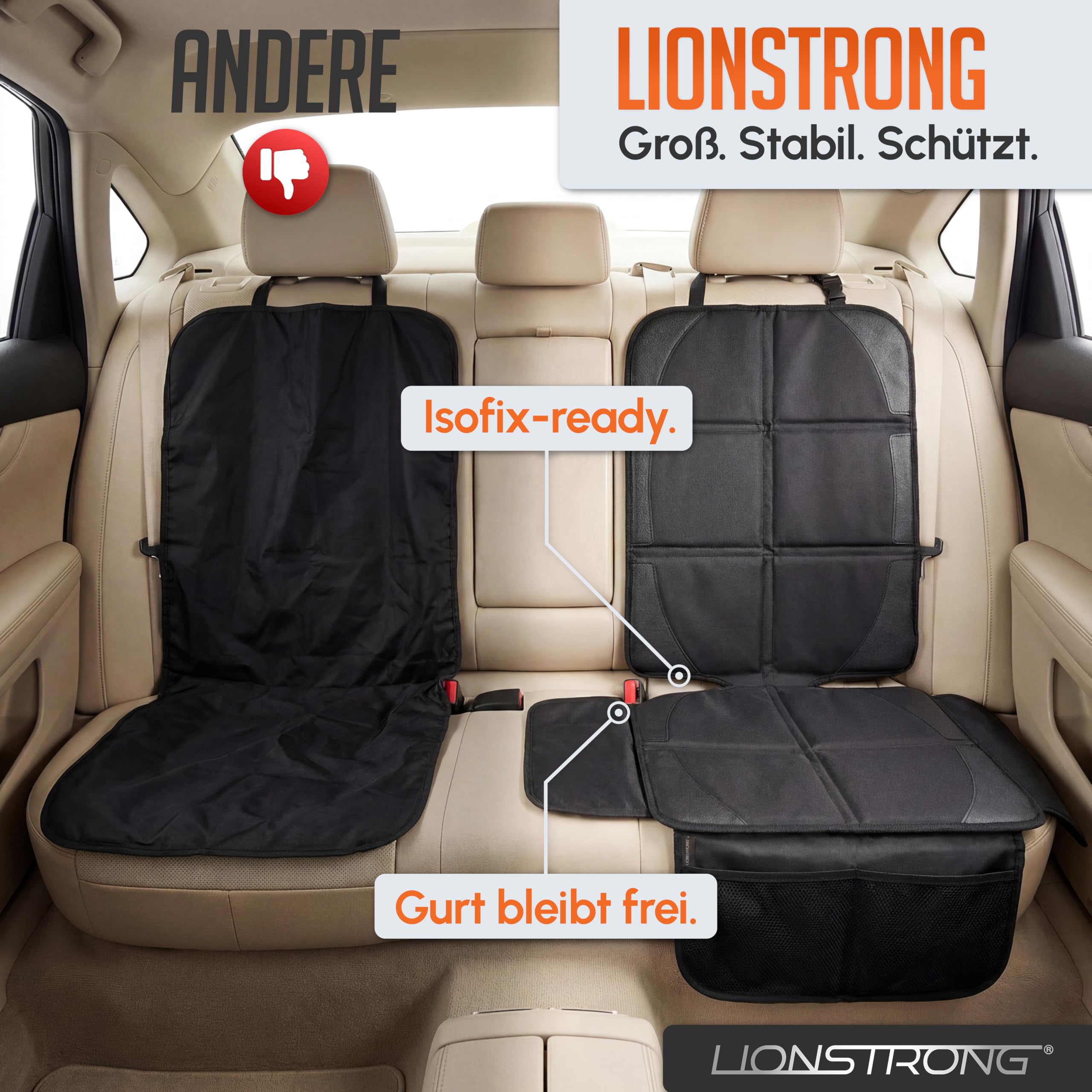 LIONSTRONG® Kindersitzunterlage Autositzschoner [ISOFIX GEEIGNET] - wasserabweisender Polyester Stoff schwarz - Sitzschutz Sitzschoner Auto Kindersitz - universell kompatibel (Schwarz)