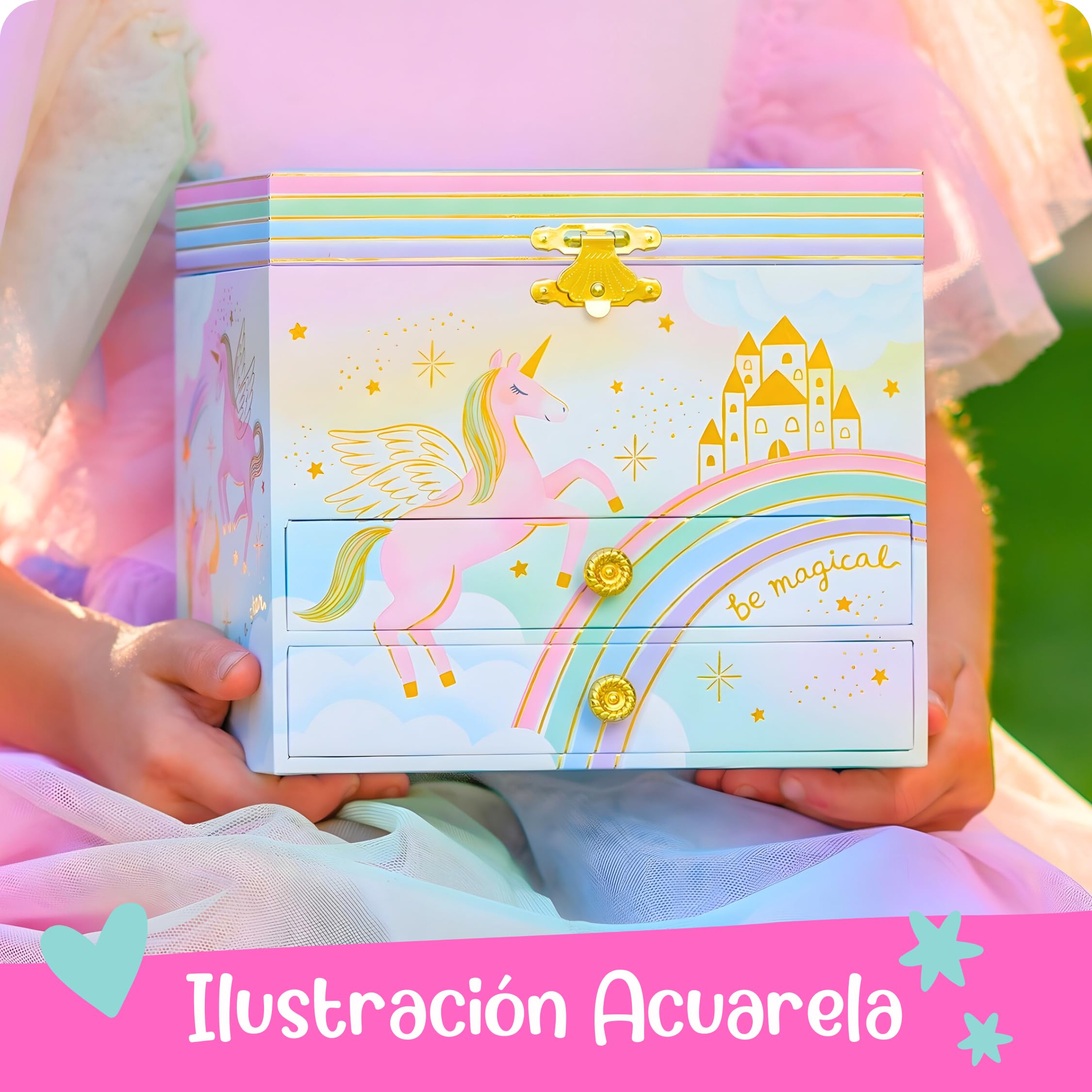Giggle & Honey Joyero Musical Grande de Unicornio con Dos Cajones para Niñas - Caja de Música Infantil con Espejo