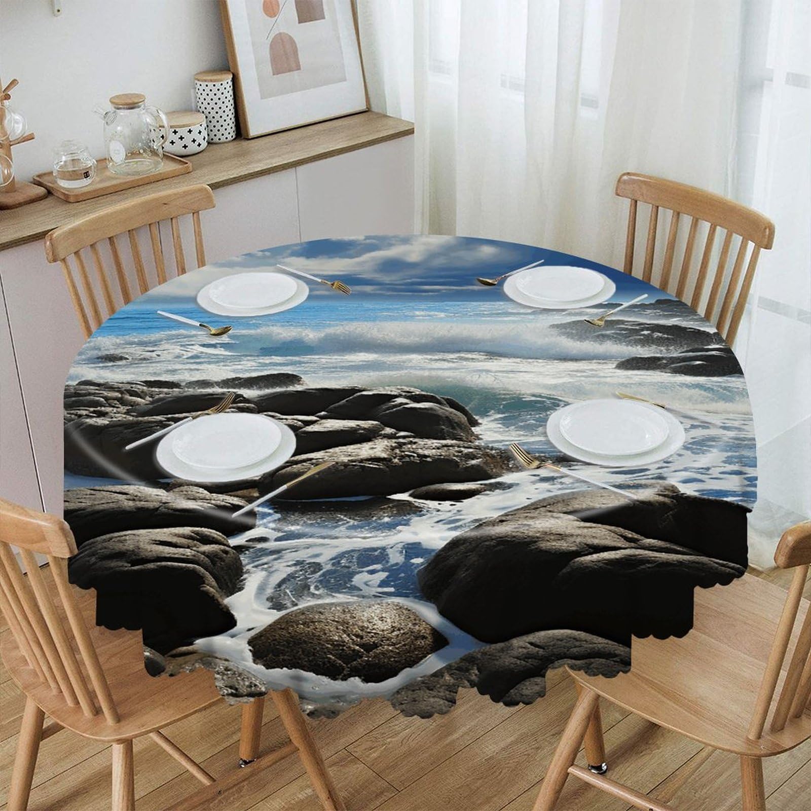 LZQPOEAS Ocean Pouring Over Coastal Rocks Round Tablecloth Rustic Circle Table Cloth Wrinkle Resistant Decor Tablecloth Waterproof Washable Table Cover for Kitchen Party Dining Table 60 Inch