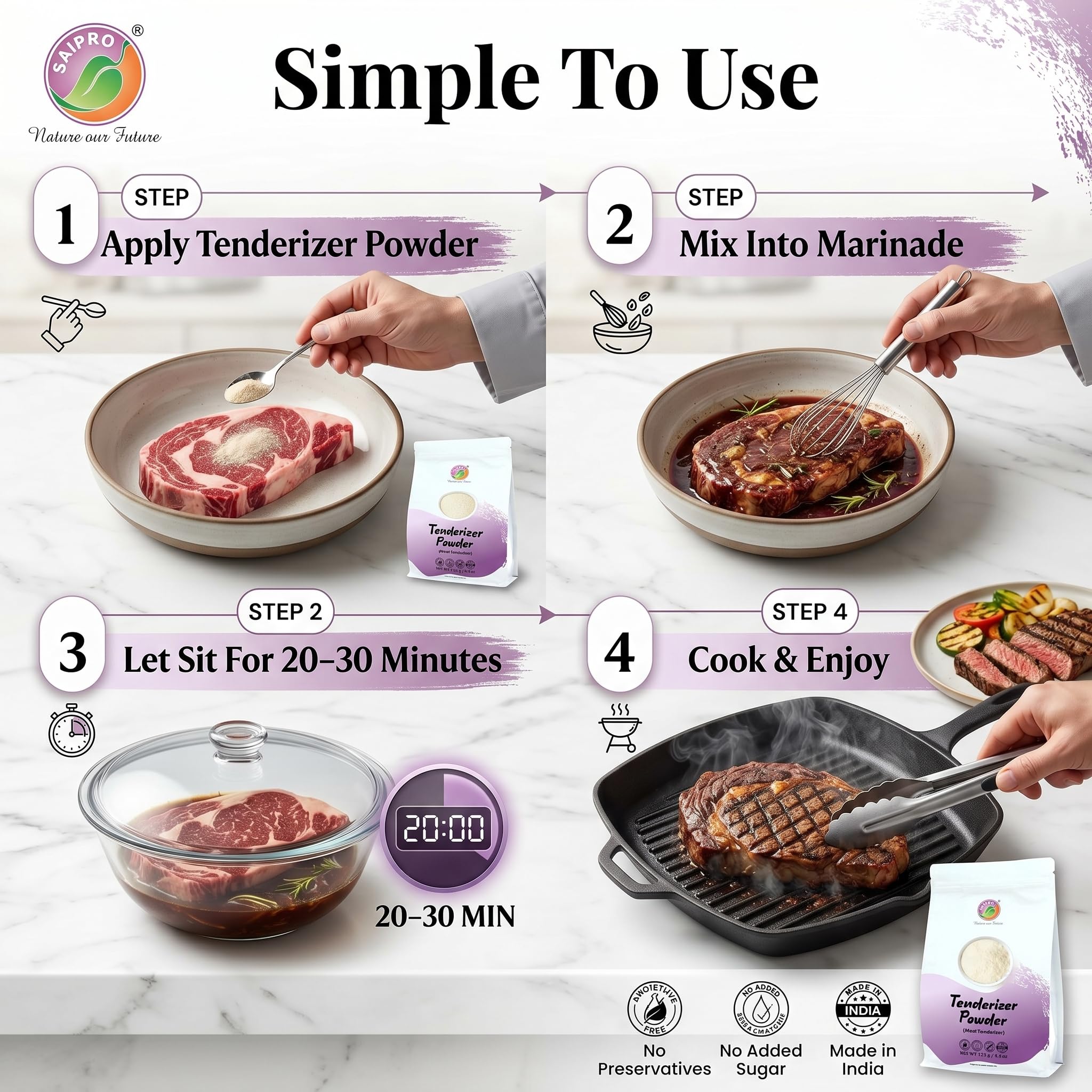 Saipro Meat Tenderizer Powder 125 gm, Meat Rub softtner, veg kofta softner| kachri powder |Bbq Rub, 100% Veg product, Gluten Free, Natural, Non GMO 4