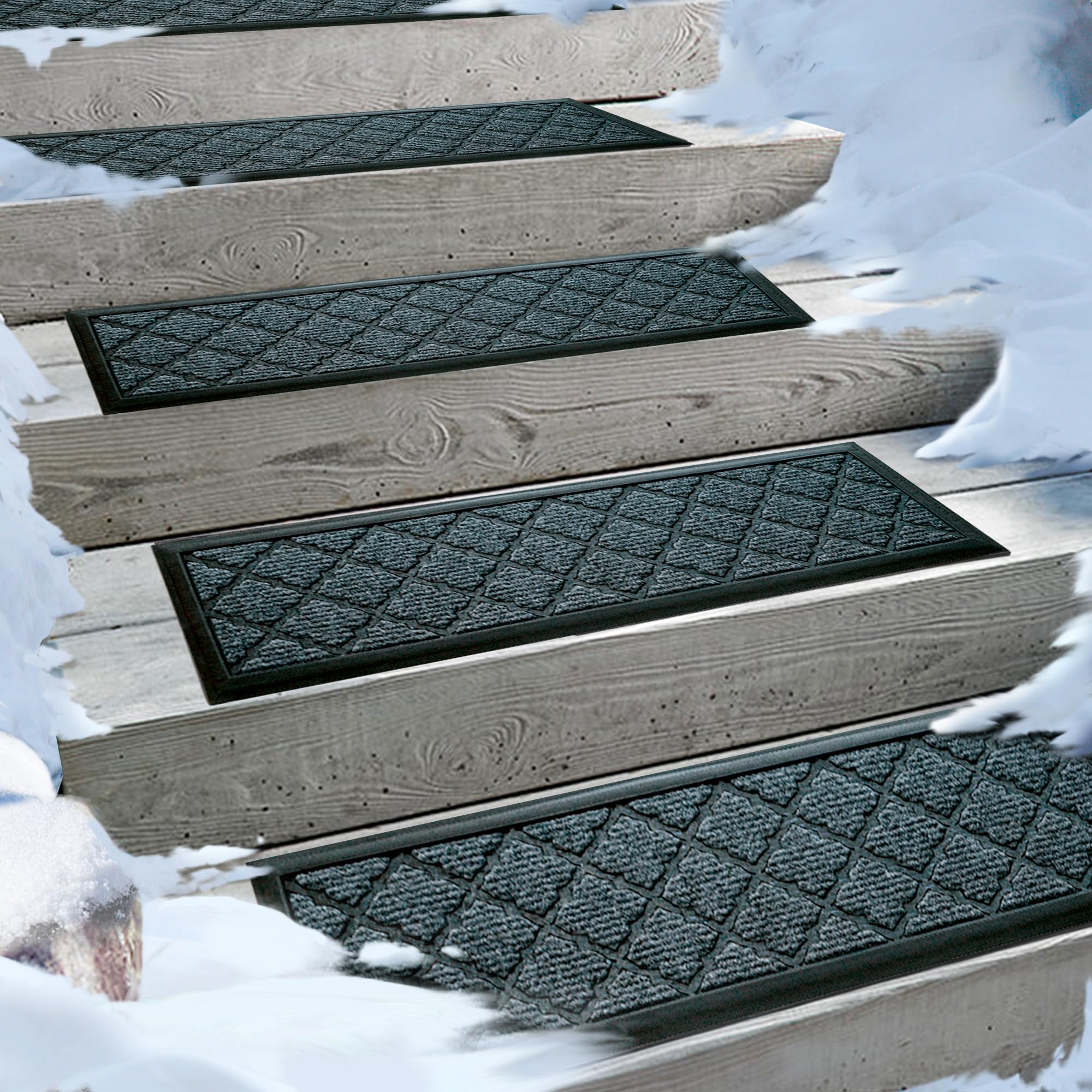 Aucuda 6pcs 8.5" x 30" Stair Treads for Elders and Dogs on Wooden Steps Indoor, Winter, Non Slip Stair Runner Rug Ice Insulation with Rubber Backing, Gray Lattice Staircase Mat Carpet for Outdoor Grip 6 pcs