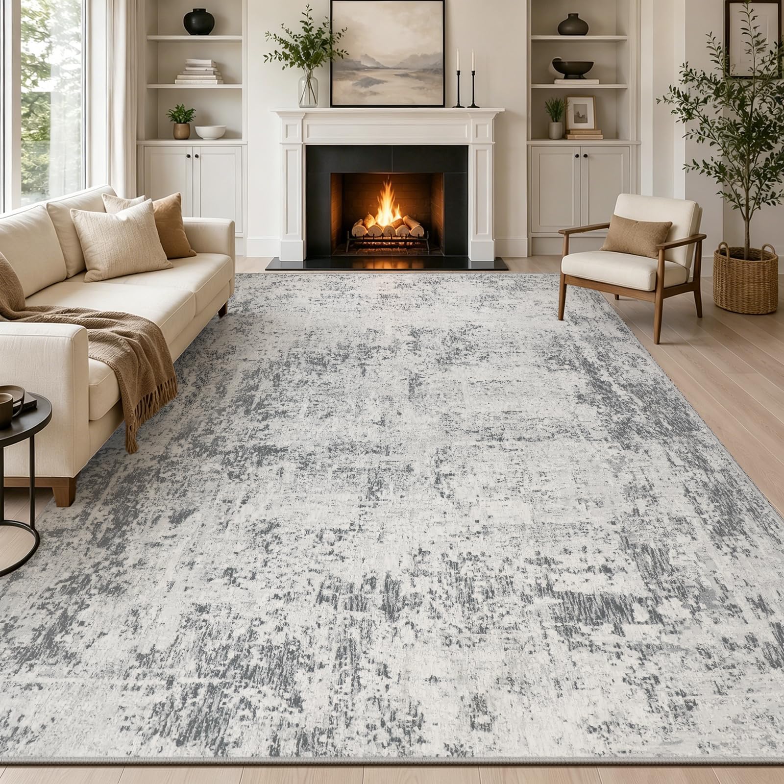 Capslpad Grau Abstrakt Teppich Wohnzimmer 200x300cm rutschfest Kurzflor Kunstwolle Schlafzimmer Teppich Waschbar Minimalistisch Bettvorleger Teppiche für Wohnzimmer Schlafzimmer Büro Bereich Dekor