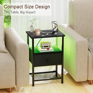 LOAKEKEL Bedside Table, Side Table with Charging Station, Bed Side Table