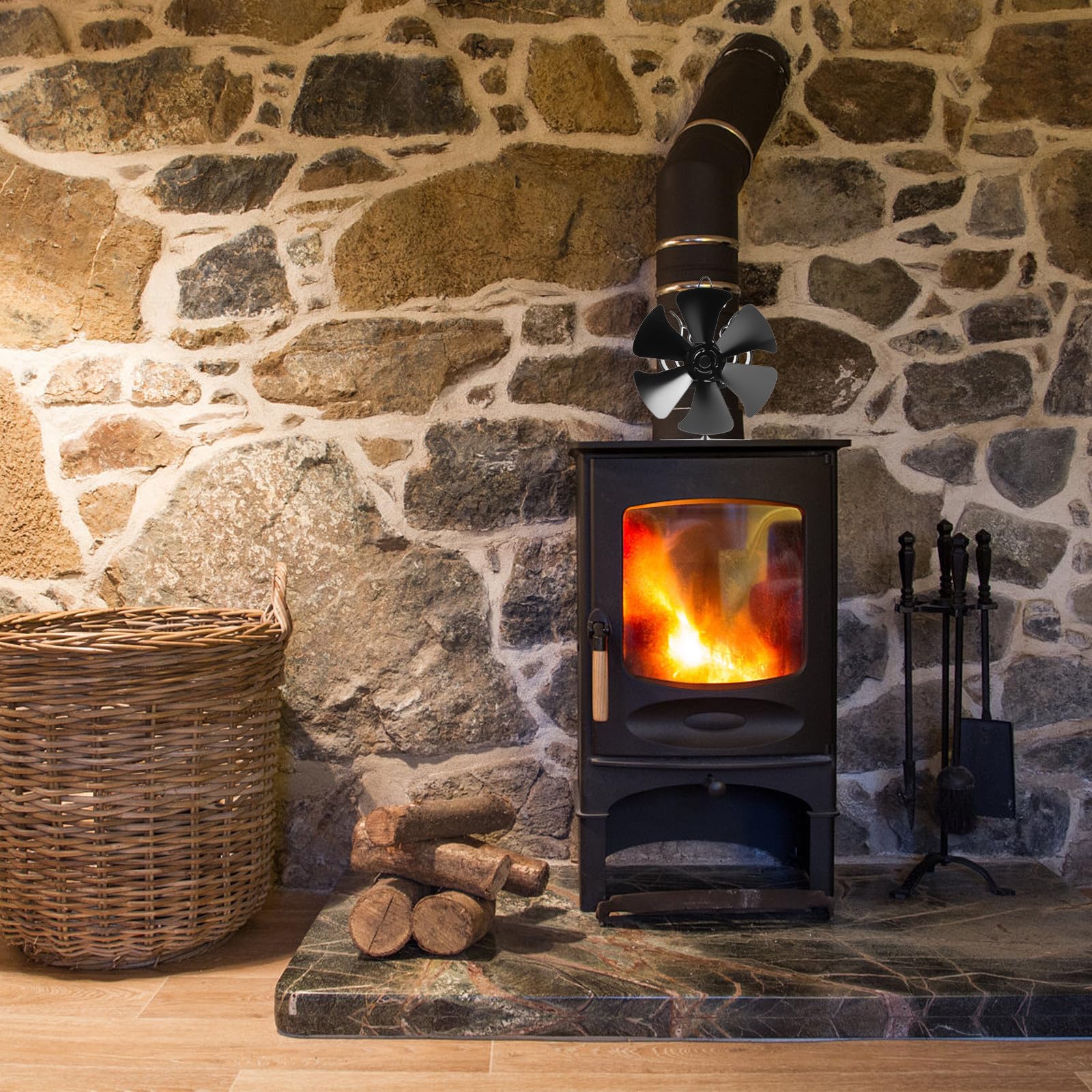 BESTYASH Ventilatore Termico per Stufa a Legna 6 Pale Nero Alluminio | Stufa Termoventilatore senza Elettricità, Ventilatore per Stufa Legna, Atmosfera Estiva