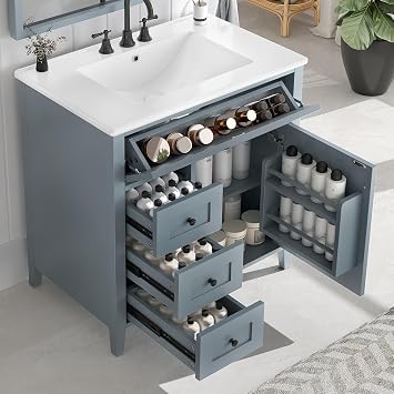 Virubi 30" Bathroom Vanity with Sink Combo,Tip-Out Drawer, Doors, Solid Wood & MDF Modern Bathroom Sink Cabinet with Drawers & Adjustable Shelf, Freestanding 30 in,Blue Grey