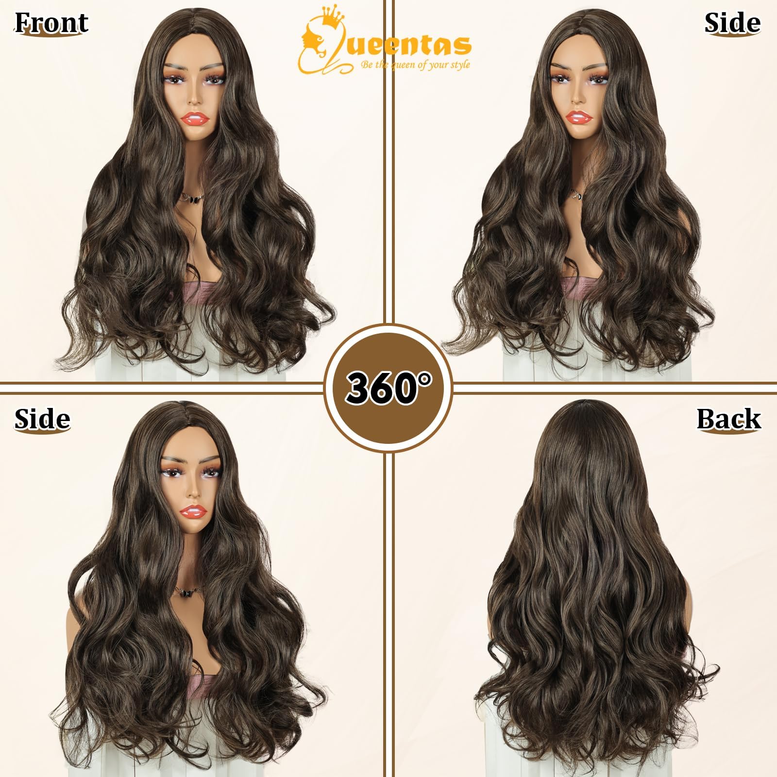 QUEENTAS Long Curly Brown Wigs for Women Synthetic Ladies Wig Middle Parting for Daily Party Halloween (Brown) - Image 2