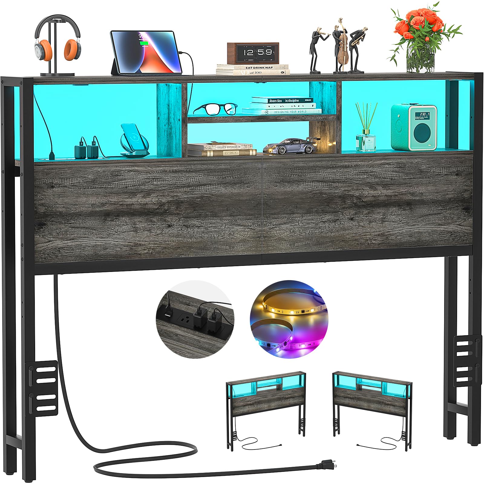 Aheaplus Headboard for Full Size Bed with Storage, Headboards with Outlets, USB Ports and LED Light, Full Size Head Board Only, Height Adjustable,