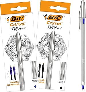 BIC Cristal Re'New Caneta de metal recarregável, pack de 2 canetas + 4 recargas, tinta azul e preto