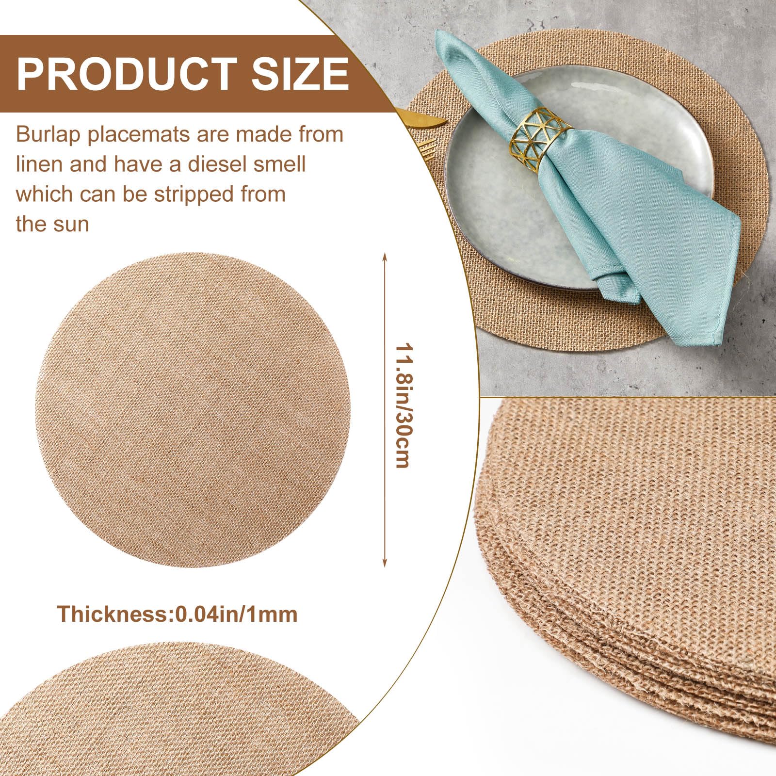Mifoci Lot de 100 Sets de Table Ronds en Toile de Jute de 30 cm - Marron - Décorations de Table rustiques pour Mariage, Centre de Table, dîner, Barbecue, Vacances, Maison de Ferme