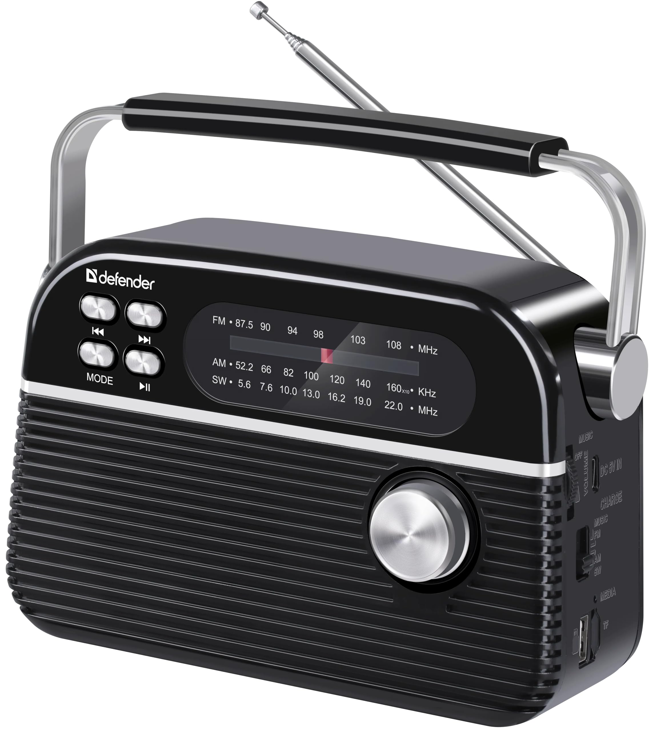 DEFENDER® Vega Tragbares Retro Radio mit Bluetooth, FM/AM/SW Rundfunkempfang, Integrierter Akku, Küchenradio, Teleskop-Antenne, Lautsprecher 5W, USB-C, Schwarz