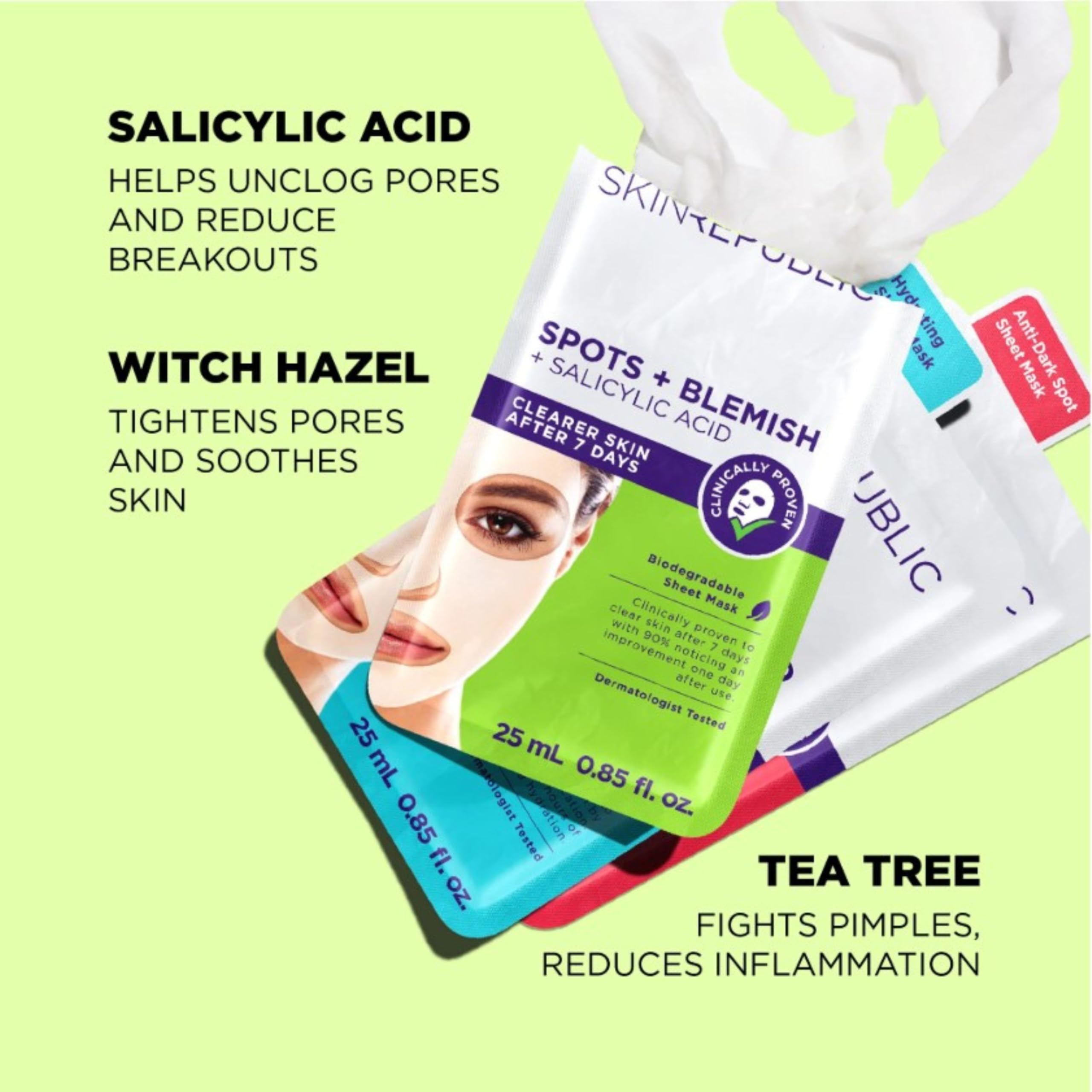 Skin Republic Spots + Blemish Tuchmaske – Anti-Pickel Gesichtsmaske mit Salicylsäure & Teebaum, klinisch bewiesen klarere Haut nach 7 Tagen, porenreinigend & entzündungshemmend, 10er Pack (10 Stück)