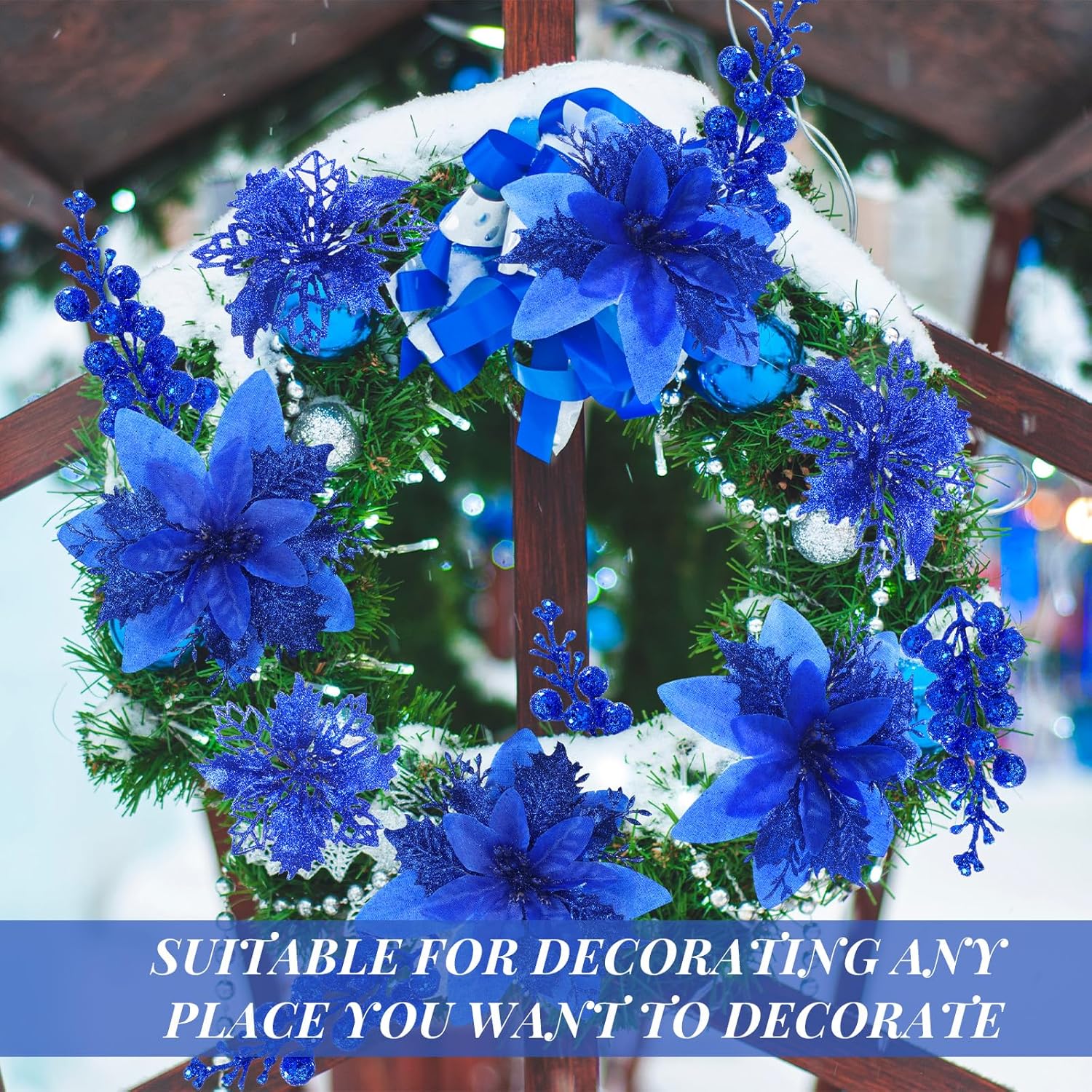 36 Pcs Royal Blue Poinsettias for Christmas Tree 2 Styles 5.5 4.5 Artificial Flower and 12 Berry Stem Glitter Flower Christmas Decoration Xmas Tree Ornament for Wreath