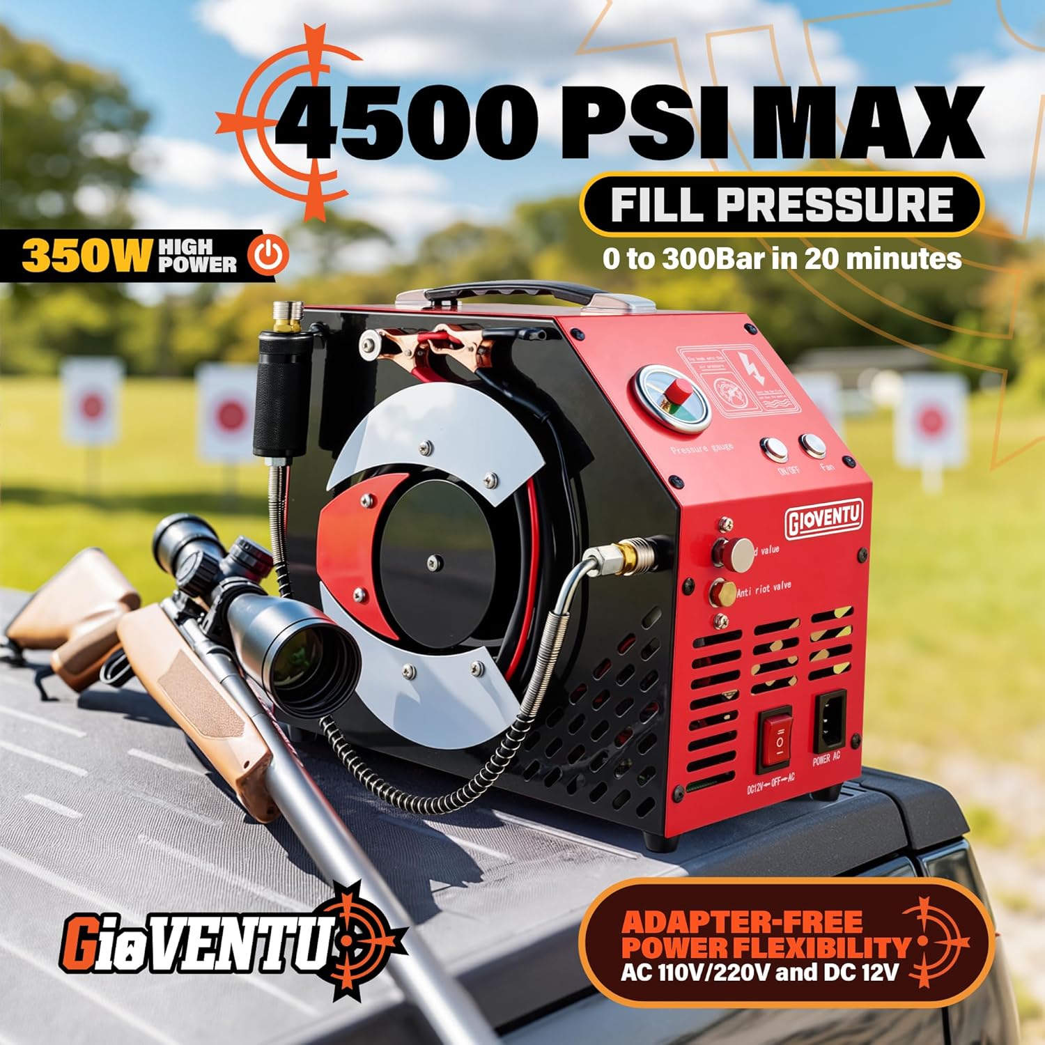 𝐔𝐩𝐠𝐫𝐚𝐝𝐞𝐝 4500PSI/30Mpa Pcp Air Compressor, 350W Portable PCP Compressor, AC-110V/220V/DC-12V, Auto Shut-off, Oil/Water-Free, PCP Airgun Compressor for Paintball, Air Rifle