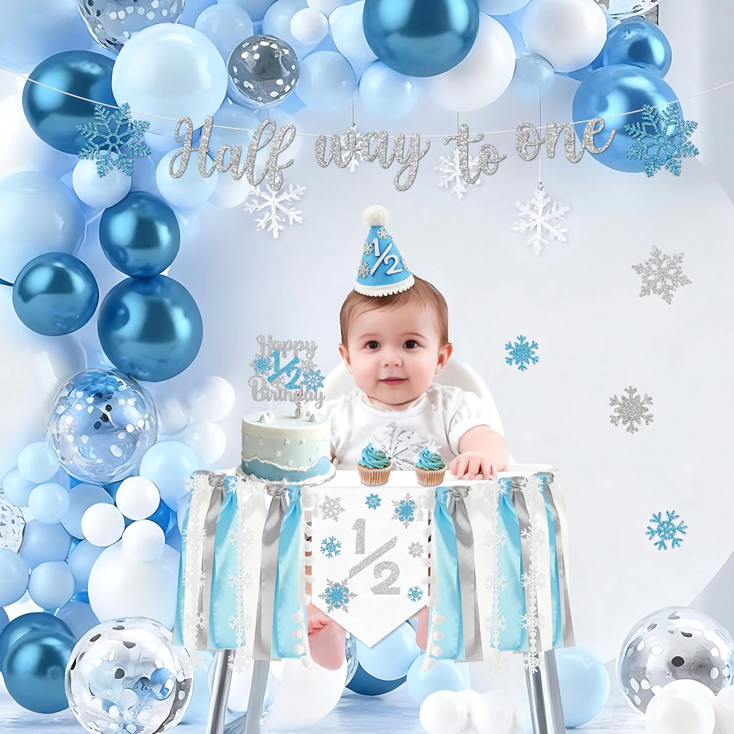 1/2 Birthday Snowflake Half Birthday Decorations - Snowflake It's My 1/2 Birth Banner Glitter Cake Topper Tassel High Chair Banner & Crown, Hat Halfway to One Boy Girl Party Supplies - Image 7