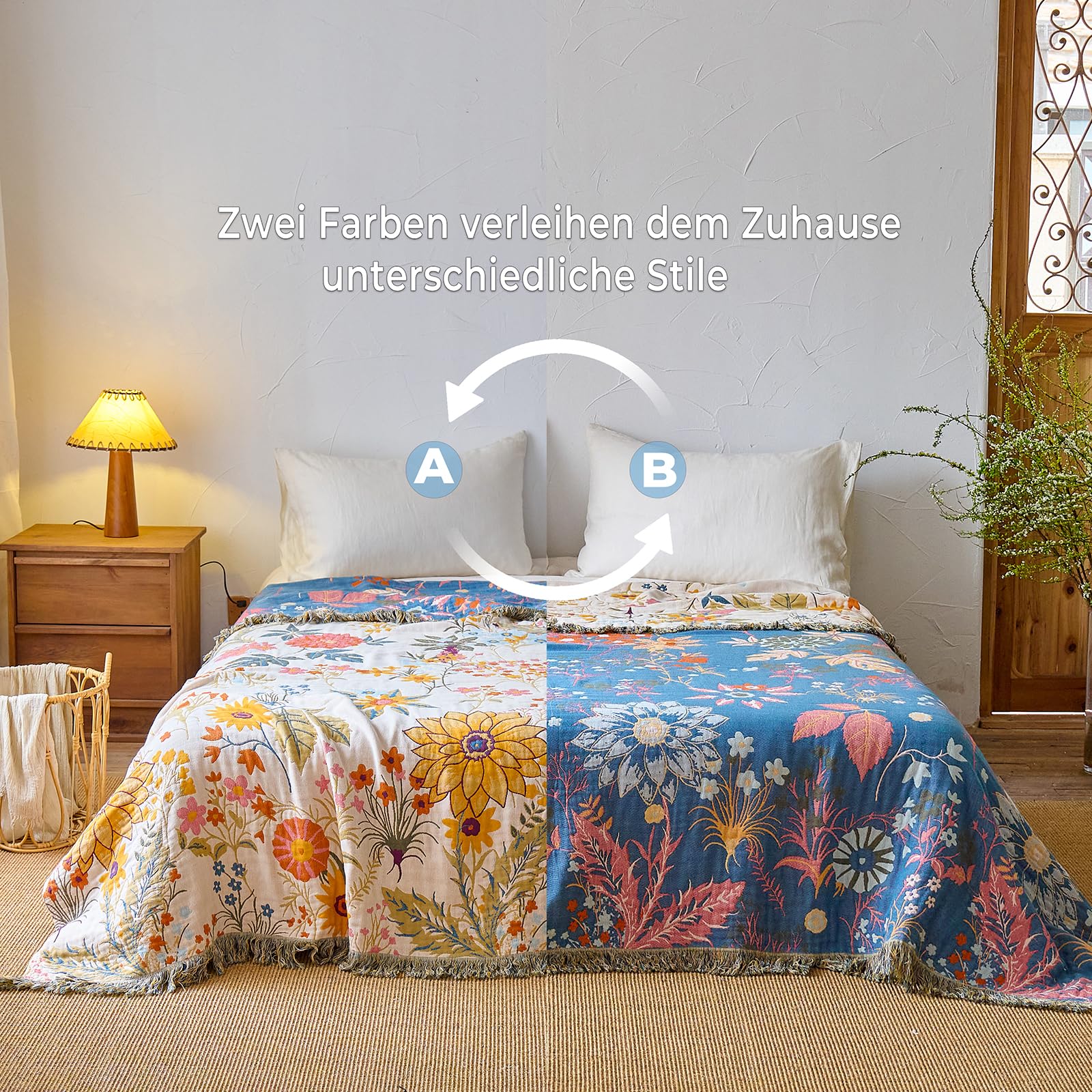 HOORDRY Copriletto boho in 100% cotone, 230 x 250 cm, double face, grande coperta per divano con nappe, di alta qualità, decorativa morbida, adatta come copriletto, copridivano o coperta per TV, beige