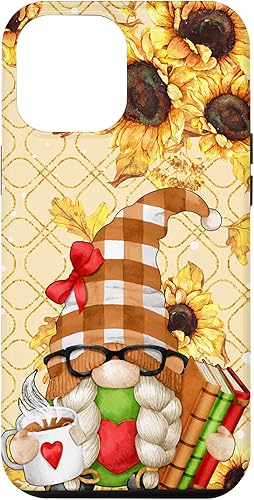 Miniatura 10 de Gnomo de girasol para iPhone 14 Pro con libros para amantes del té y funda de lectura bibliotecaria