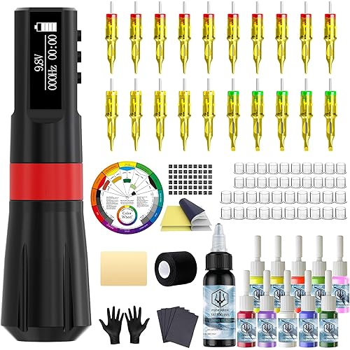 POSEIDON Cordless Tattoo Gun Kit for Beginners – Tattoo Pen Kit with 1200mAh Battery, 20 Needles, Inks & Practice Skin, Complete Tattoo Machine kit Tattoo Supplies