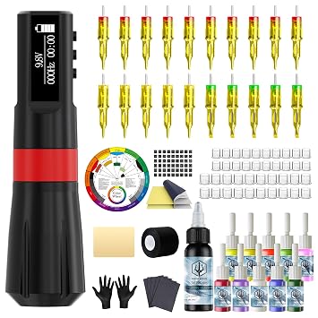 POSEIDON Cordless Tattoo Gun Kit for Beginners Tattoo Pen Kit with 1200mAh Battery, 20 Needles, Inks & Practice Skin, Complete Tattoo Machine kit Tattoo Supplies